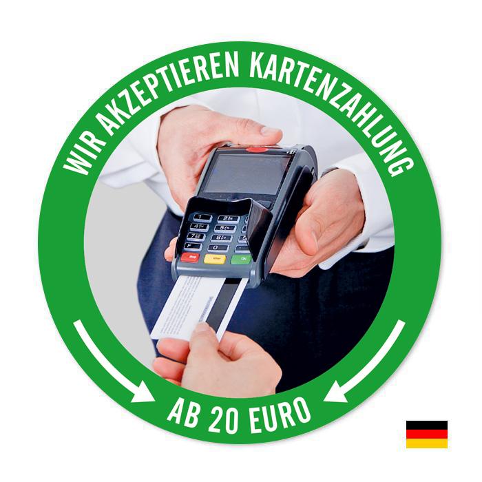 Aufkleber Wir akzeptieren Kartenzahlung ab 20 Euro auch als Hinterglasaufkleber möglich
