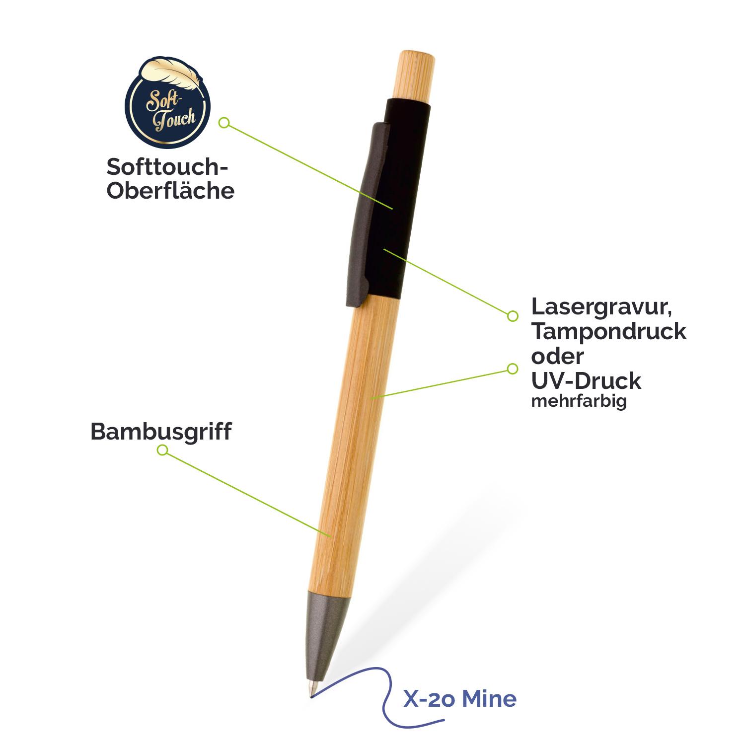 Bambus Werbekugelschreiber Softtouch mit farbigem Metallelement in verschiedenen Farben
