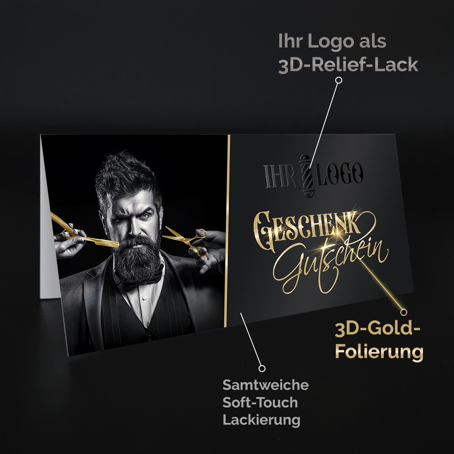 Premium Geschenkgutschein Barber/Barbershop – Front mit Soft-Touch, Heißfolie Gold und 3D-Relieflack