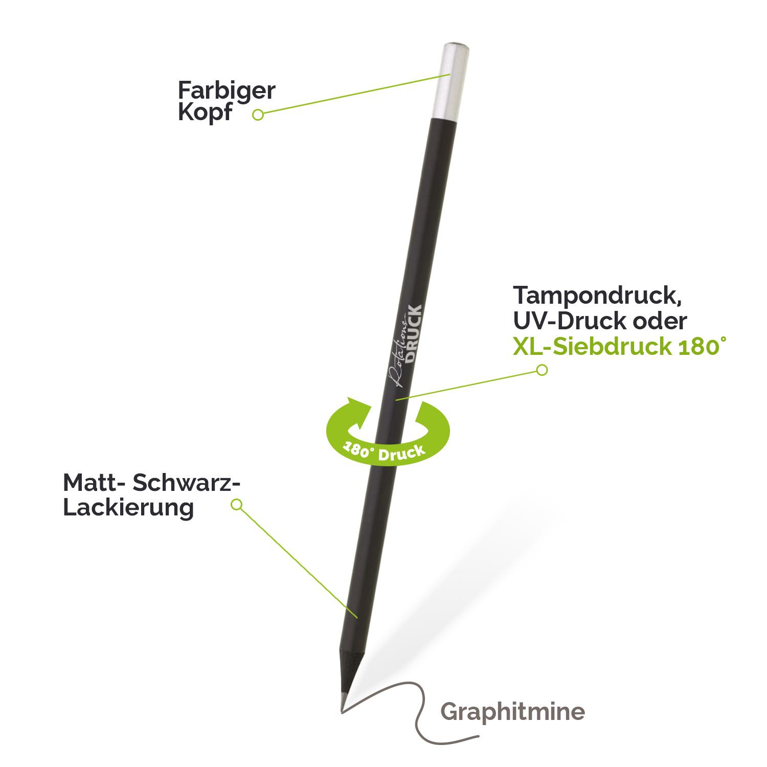 Schwarzer Bleistift mit Graphitmine und Werbefläche – verschiedene Kappenfarben