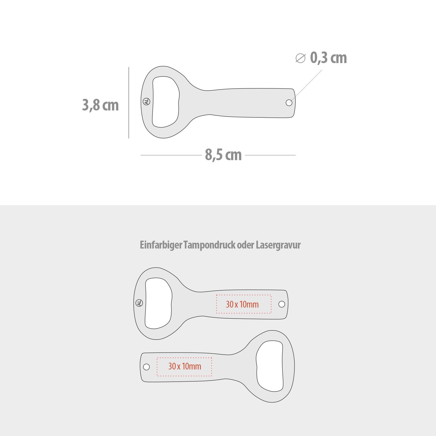 Maßzeichnung Aluminium-Flaschenöffner mit Druckbereich  