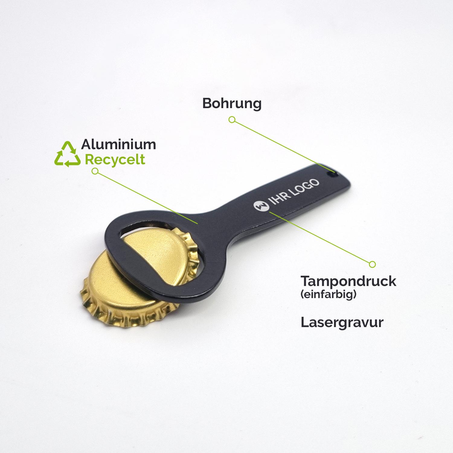 Klassischer Flaschenöffner aus recyceltem Aluminium mit Druckbereich