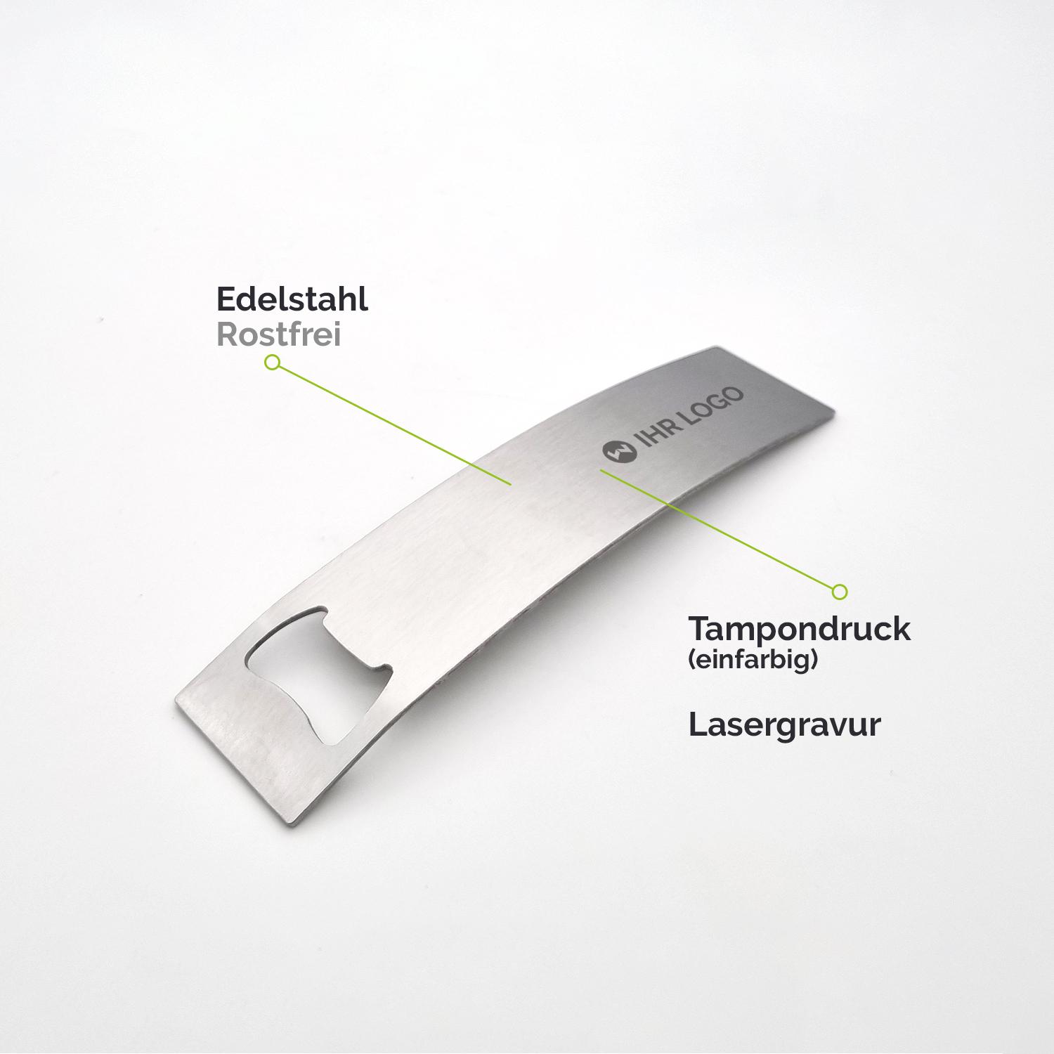 Edelstahl-Flaschenöffner mit Gravur und Tampondruck