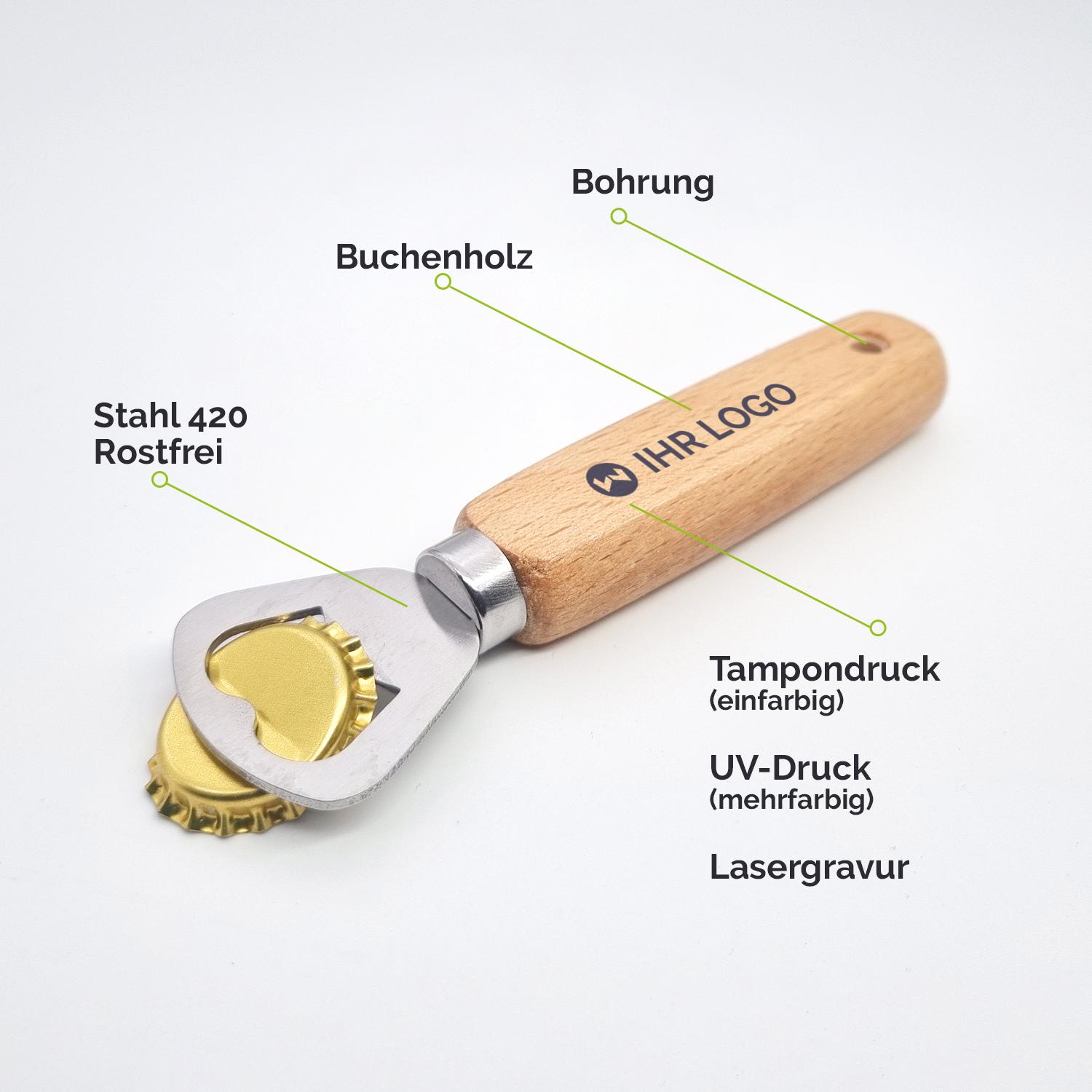Flaschenöffner Holz gravieren personalisieren bedrucken mit Druckdetails