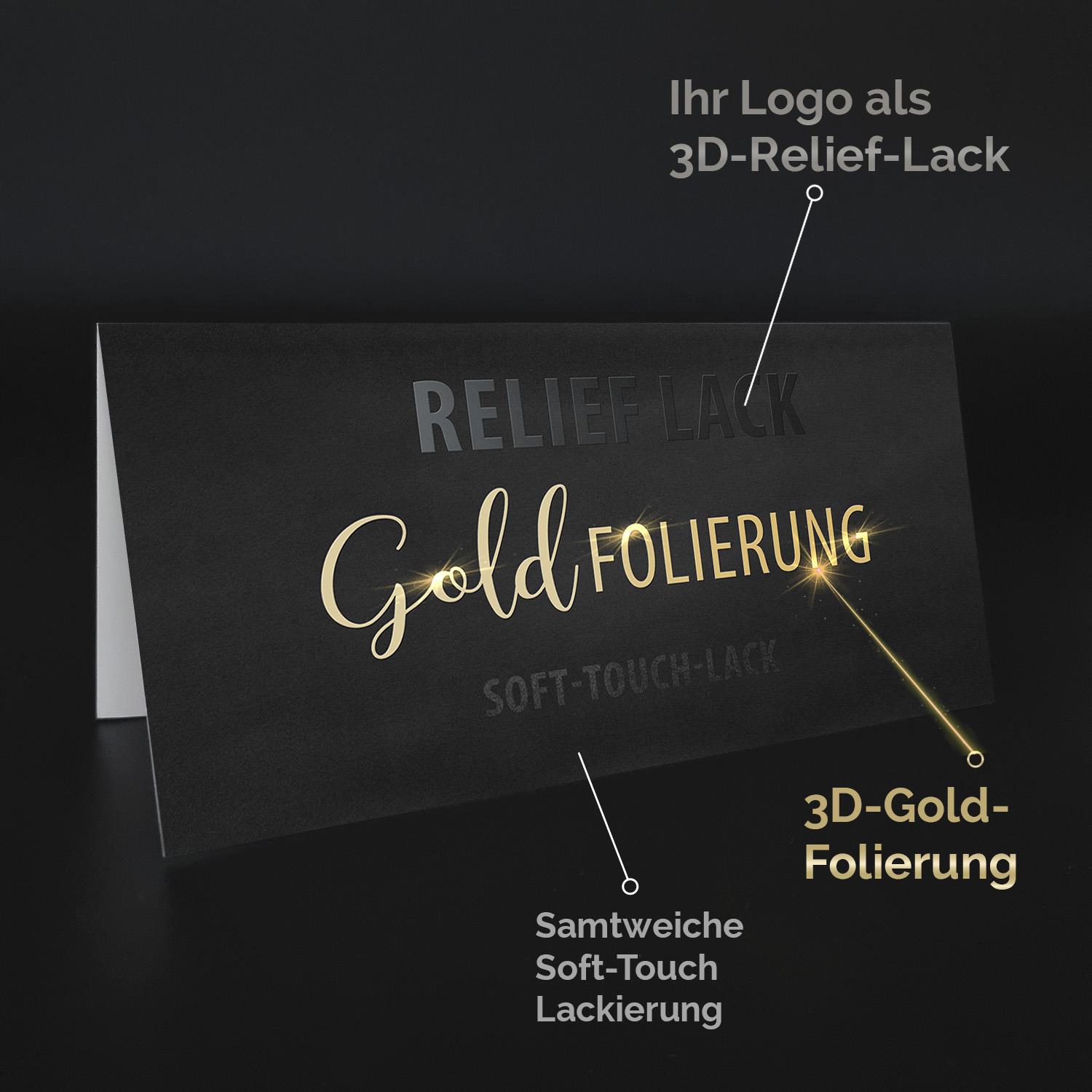 Detailansicht: Flyer DIN lang Heißfolienprägung Gold, 3D-Relieflack, Soft-Touch