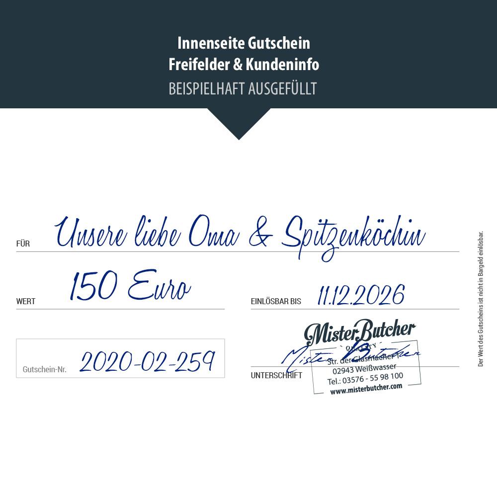 Innenenseite vom Geschenkgutschein für Metzger beispielhaft ausgefüllt