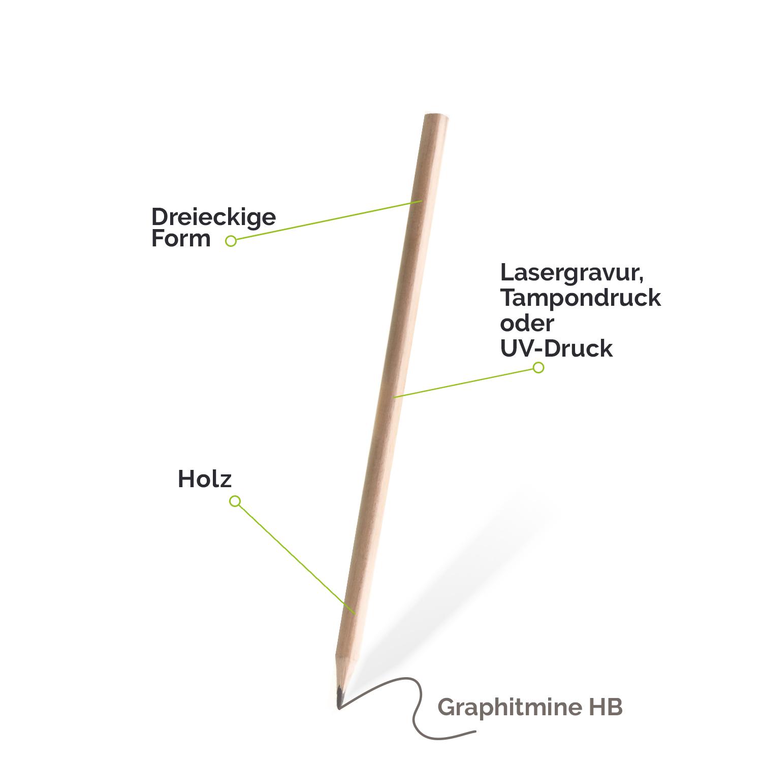 Holzbleistift natur in dreieckiger Form mit Logo per Lasergravur, Tampondruck oder UV-Druck veredelbar