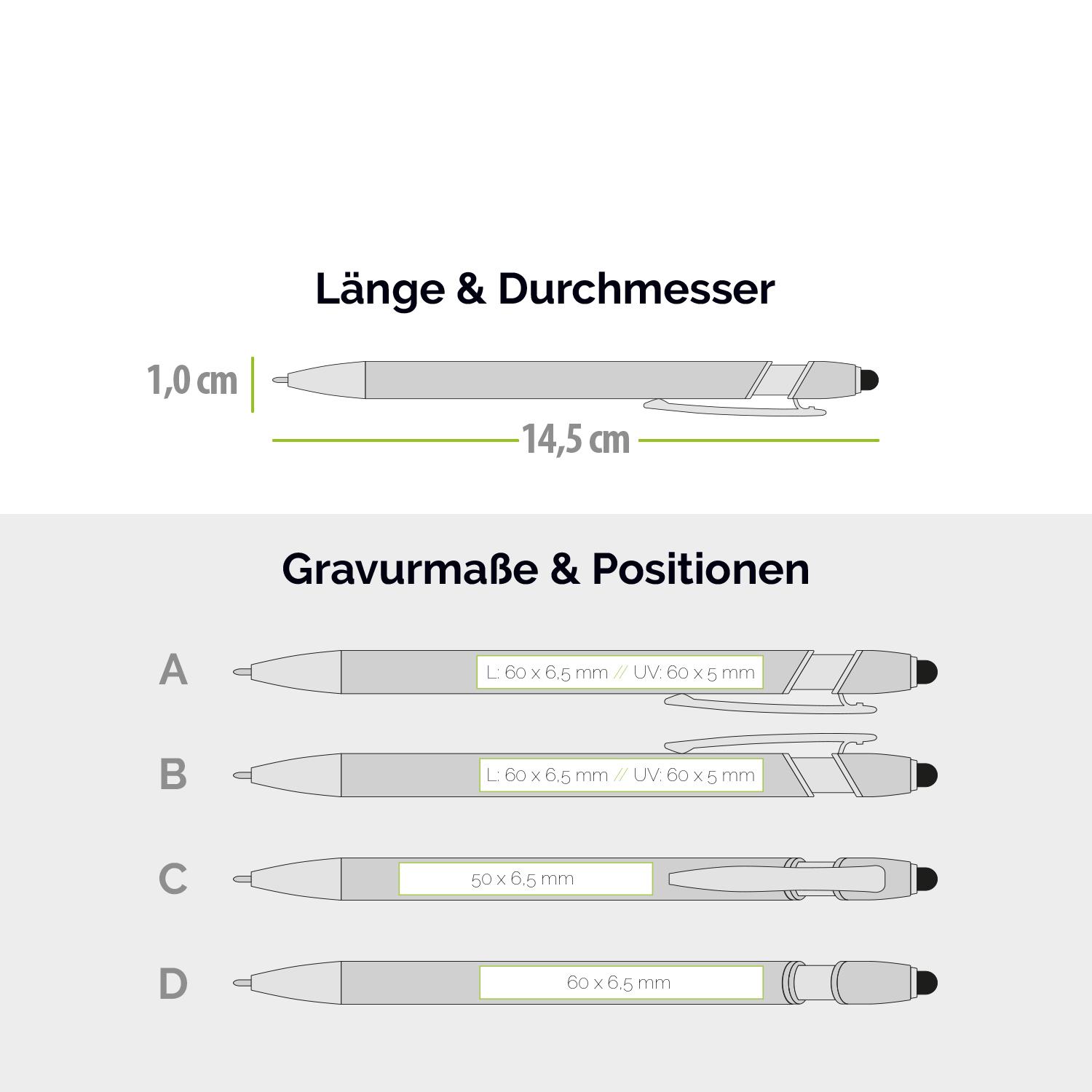 Gravurmaße und UV-Druckpositionen für Kugelschreiber mit Farbverlauf