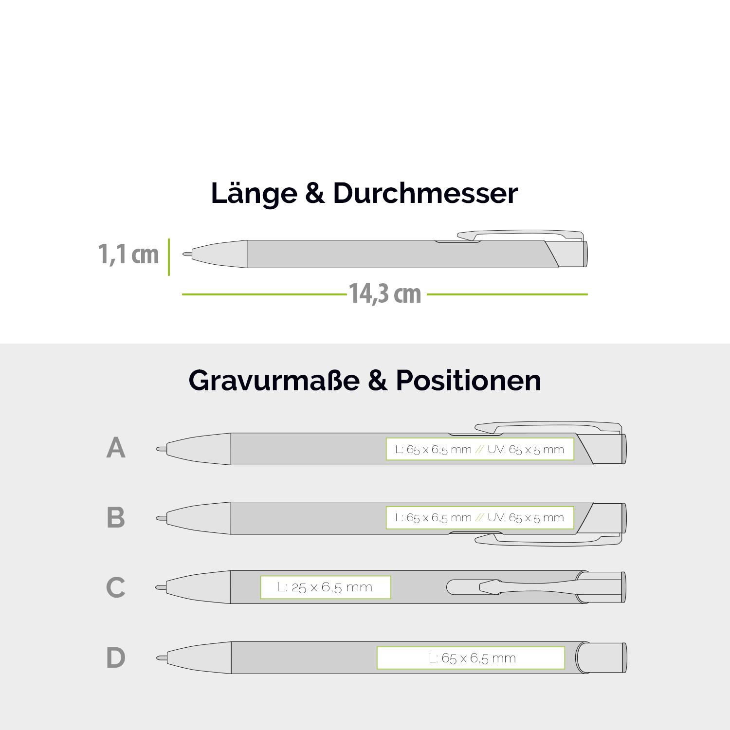 Druckpositionen und Gravurmaße für Kugelschreiber mit Goldgravur