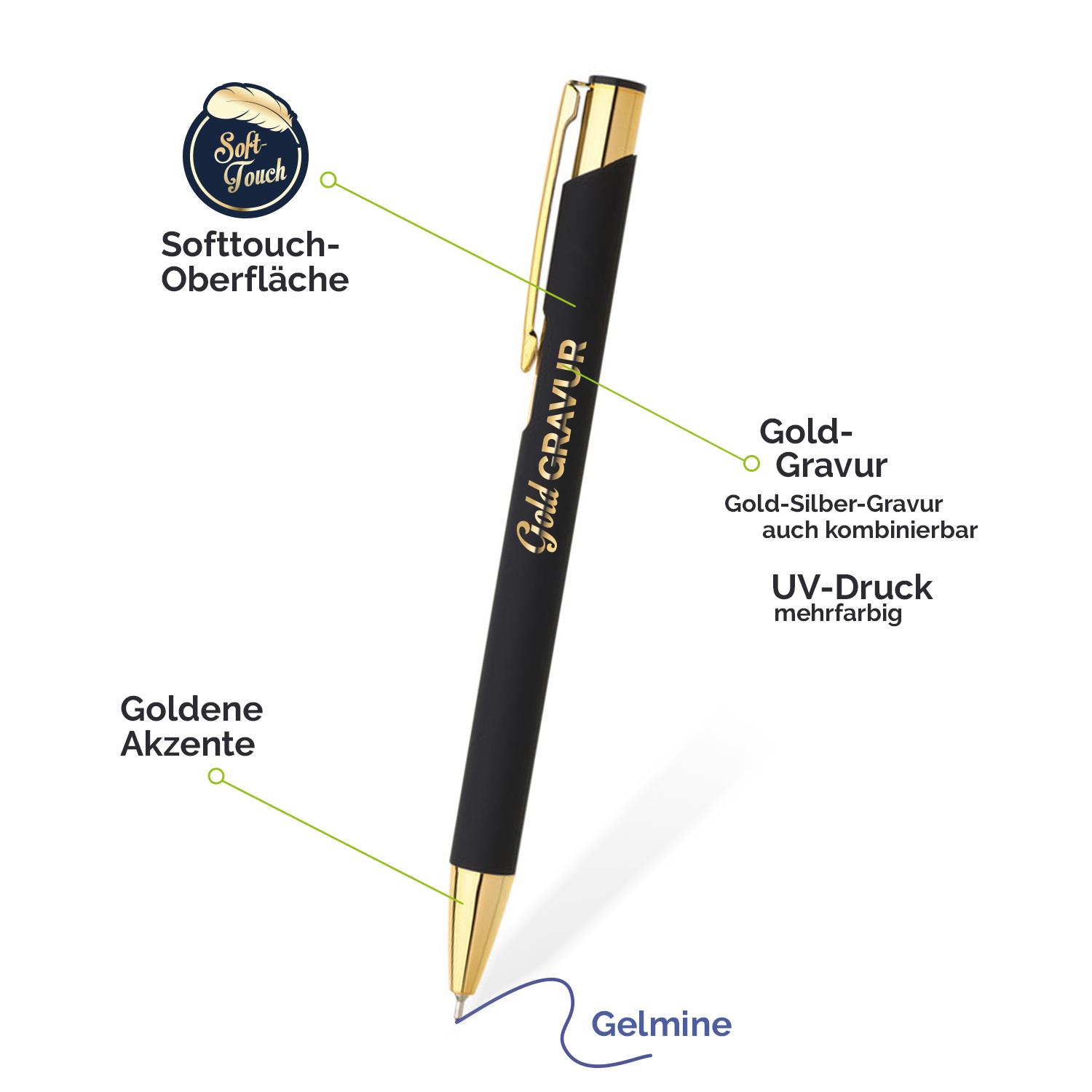Kugelschreiber mit Goldgravur, Softtouch-Oberfläche, Gelmine und goldenen Akzenten