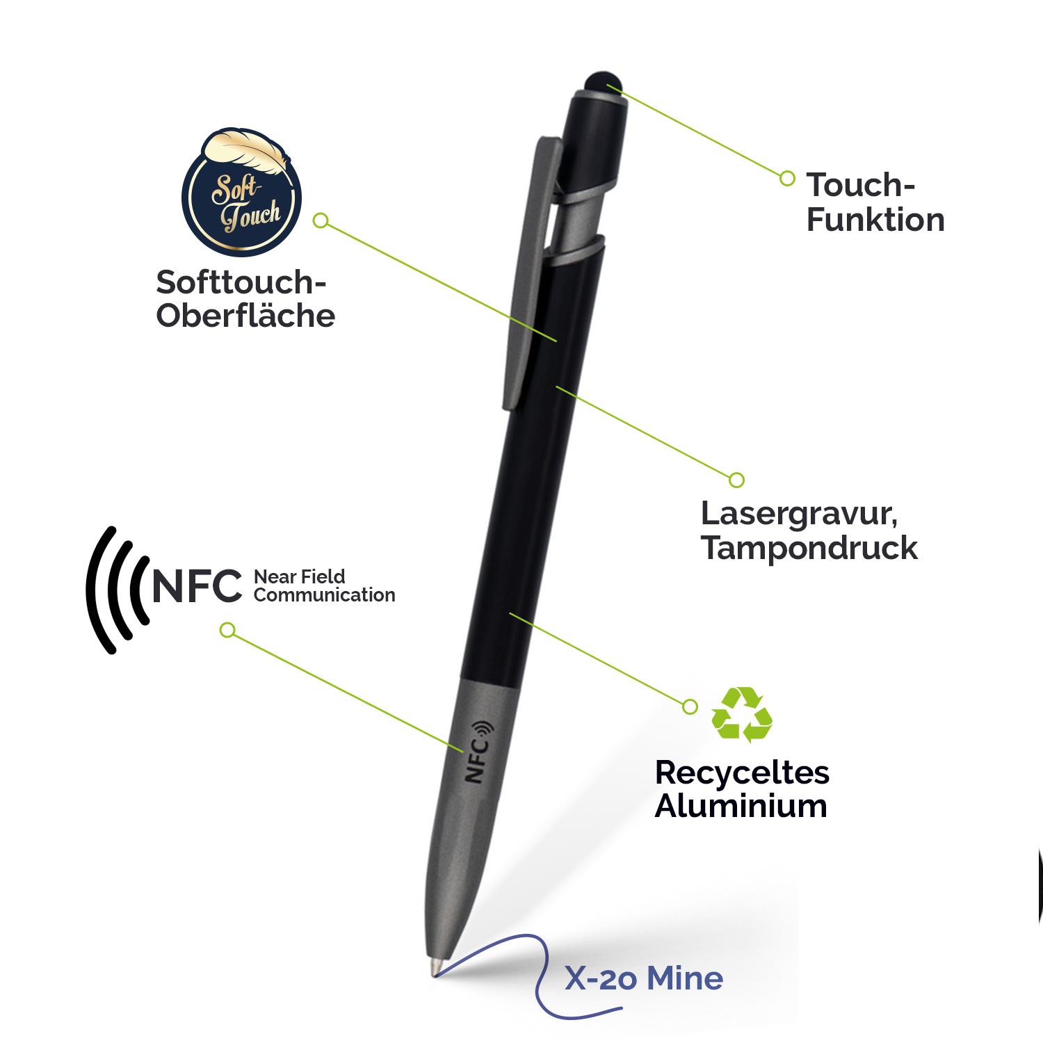 NFC Kugelschreiber mit Logo aus Recyclingaluminium mit Softgrip und Touchspitze