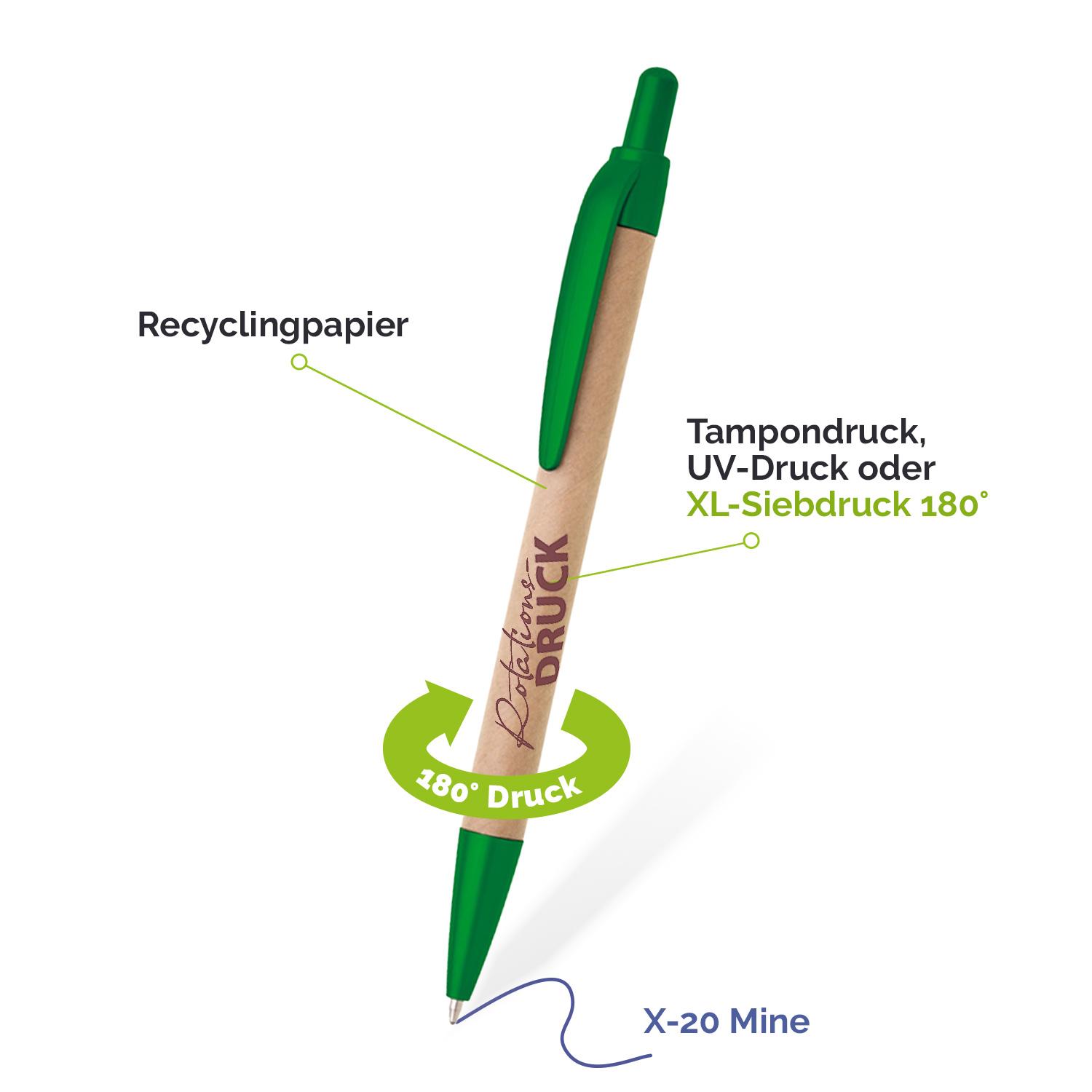 Kugelschreiber aus Pappe mit farbigen Metallic-Elementen in verschiedenen Farben