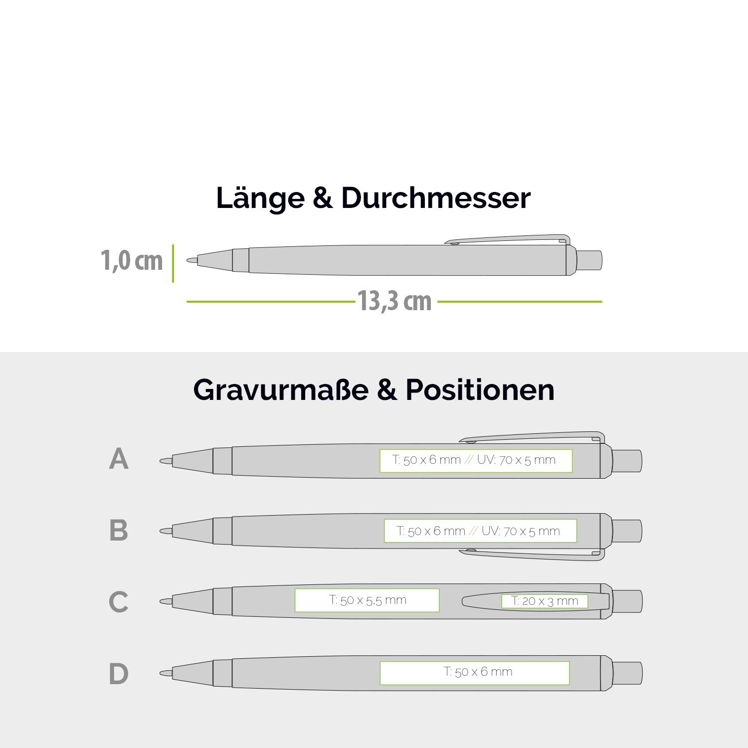 Typischer Messekugelschreiber mit Tampondruck oder UV-Druck im Metallic-Look