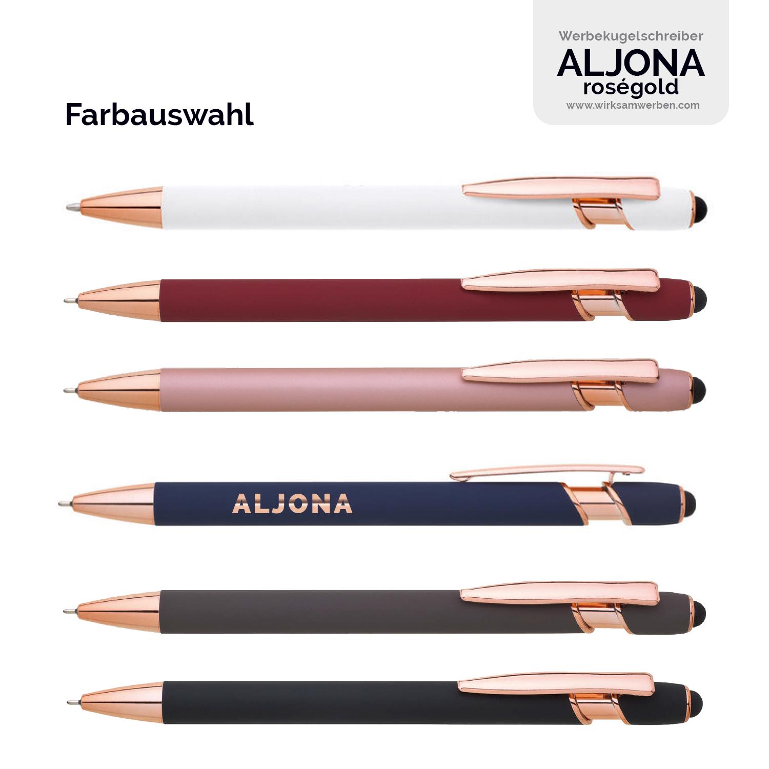 Farbvarianten des Kugelschreibers ALJONA-Roségold mit Softtouch-Oberfläche