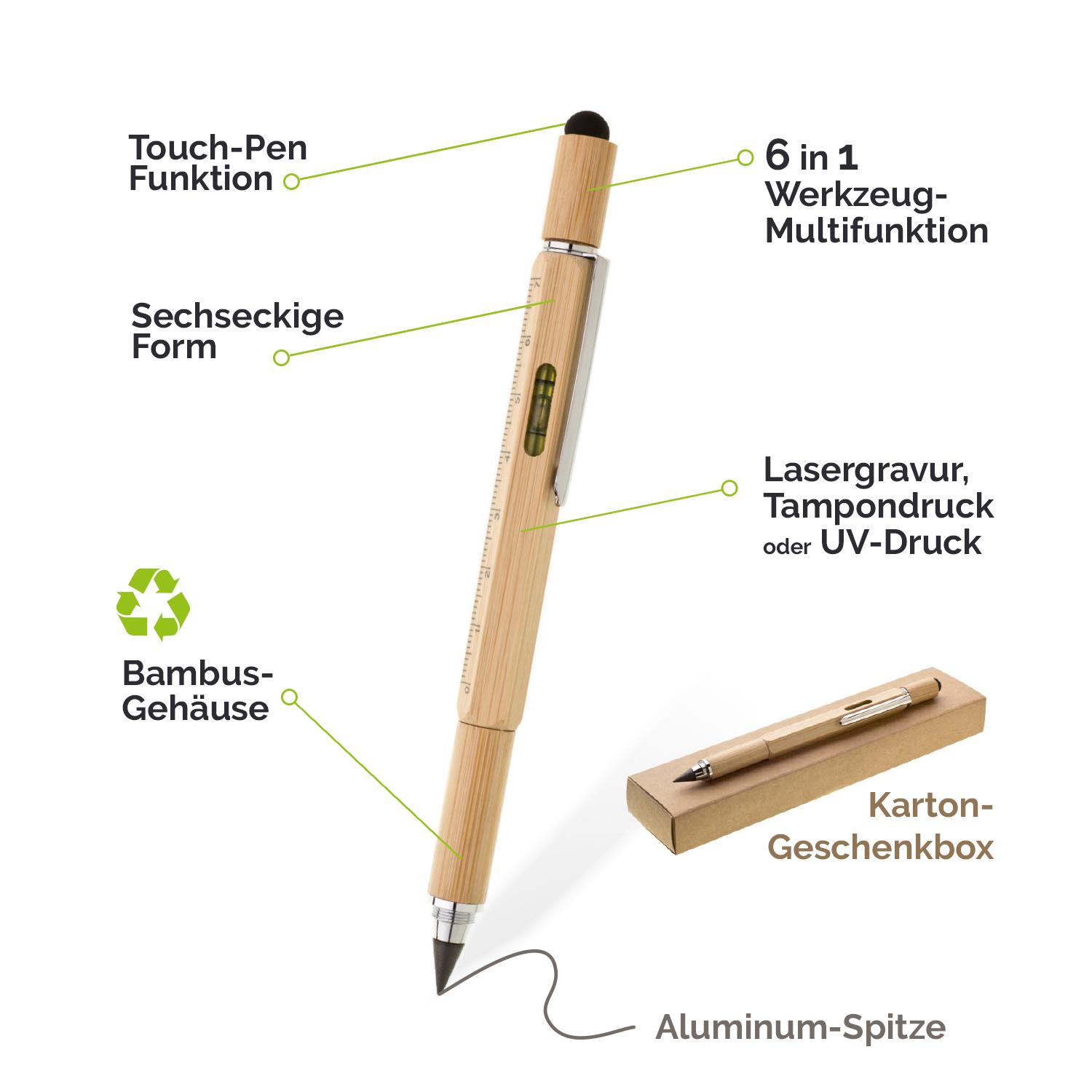 6-in-1 Multifunktionsstift aus Bambus mit Geschenkbox