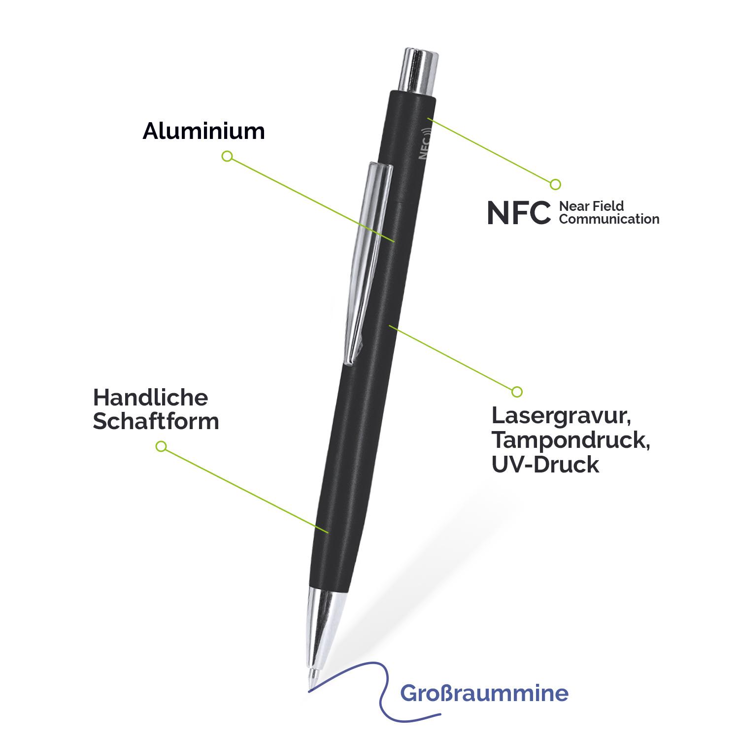 Produktdetails des NFC-Werbekugelschreibers mit Aluminiumgehäuse, handlicher Schaftform, Großraummine und Veredelungsmöglichkeiten