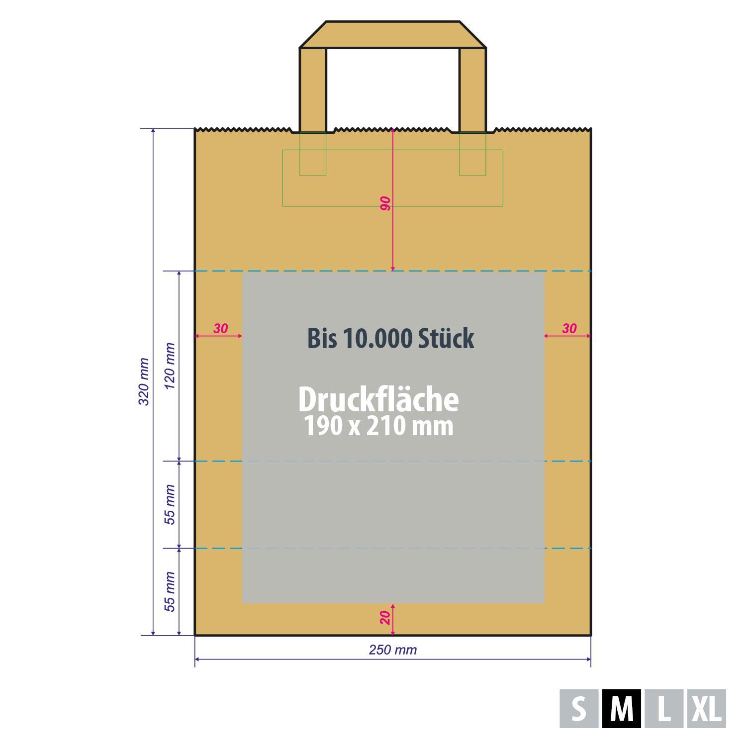 Papiertaschen braun günstig mit flachem Henkel und bedruckbarer Fläche für Kleinauflagen – Druckfläche 150x150 mm