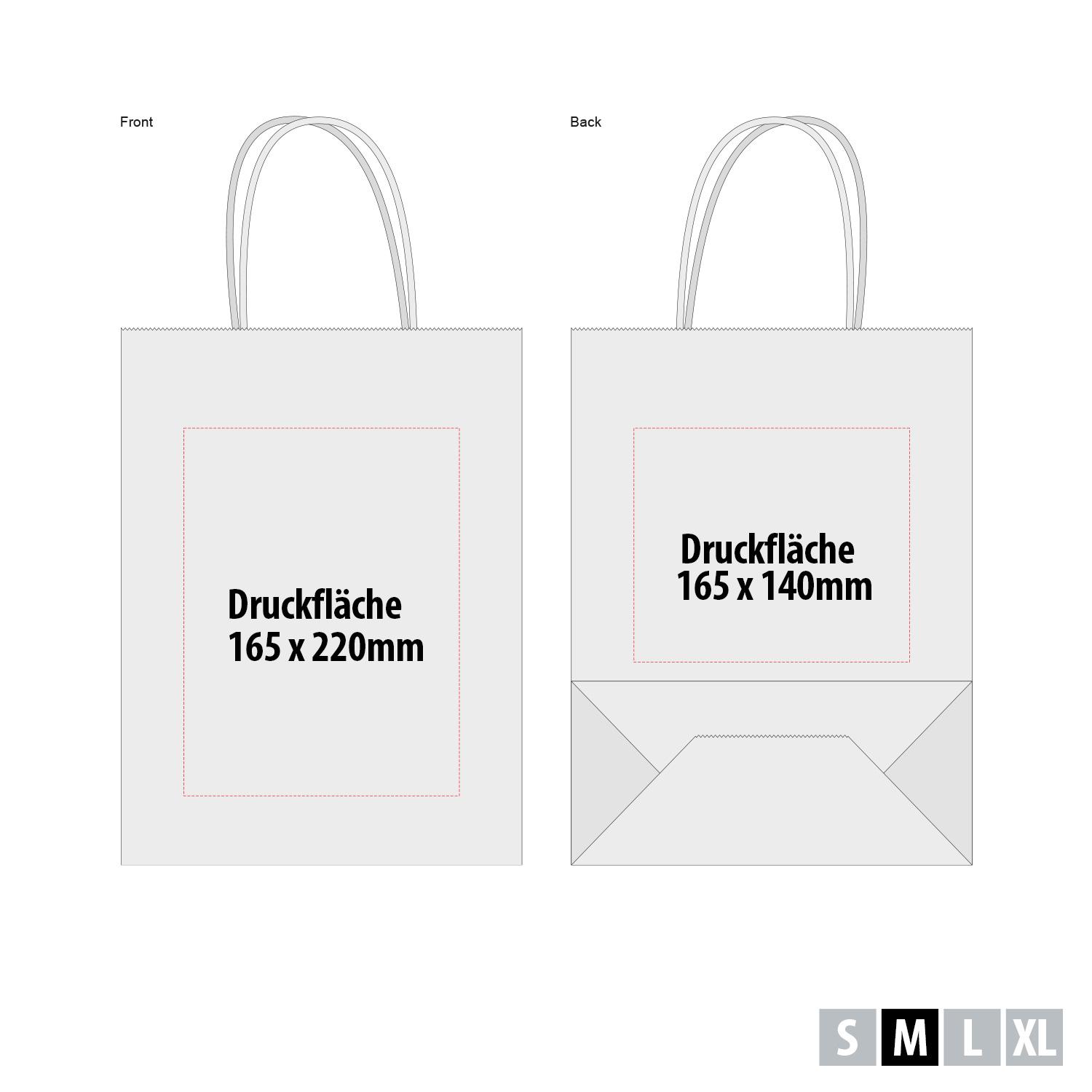 Papiertaschen weiß farbig bedruckt – Druckflächen 25×11×32 cm: Front 165×220 mm, Rückseite 165×140 mm