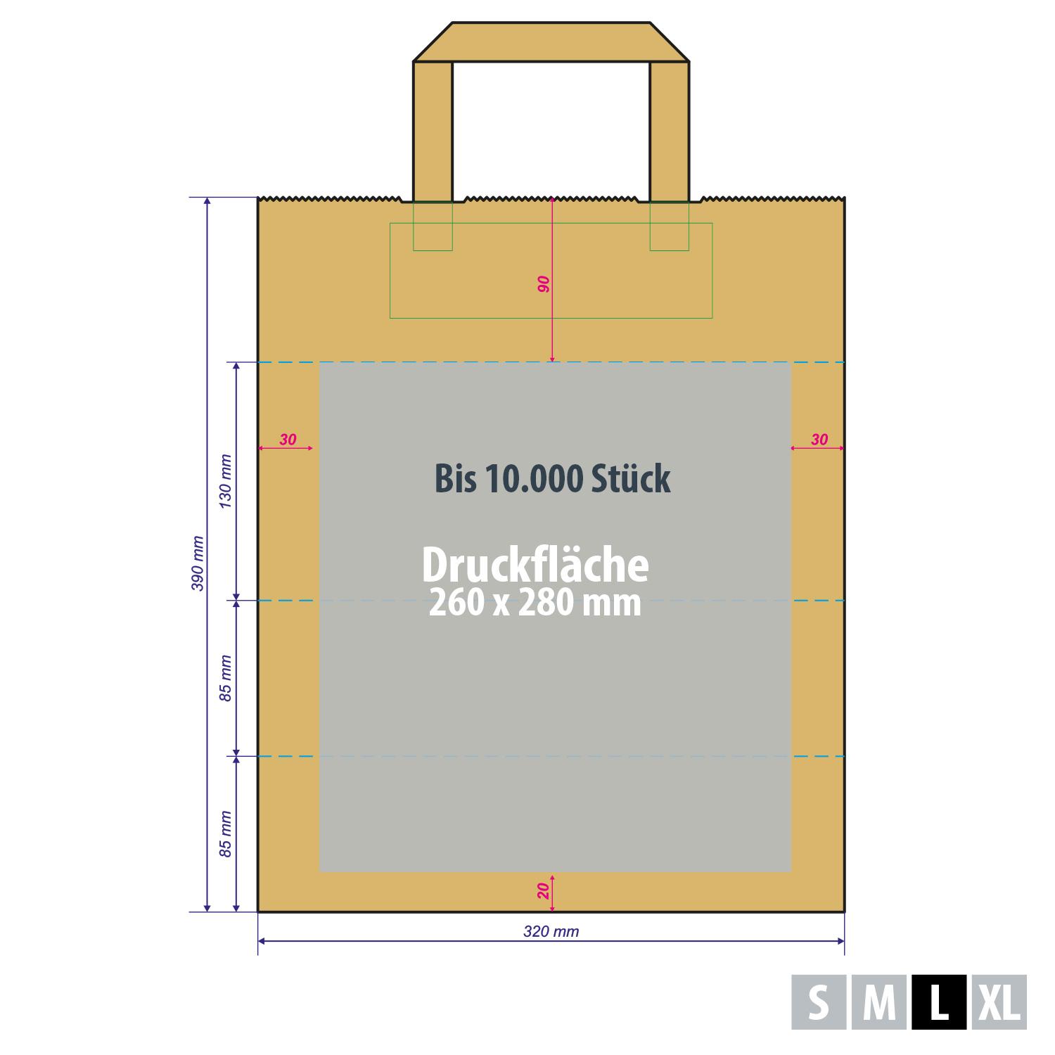 Papiertragetaschen braun günstig mit großer Druckfläche – Kleinserie 360 x 280 mm