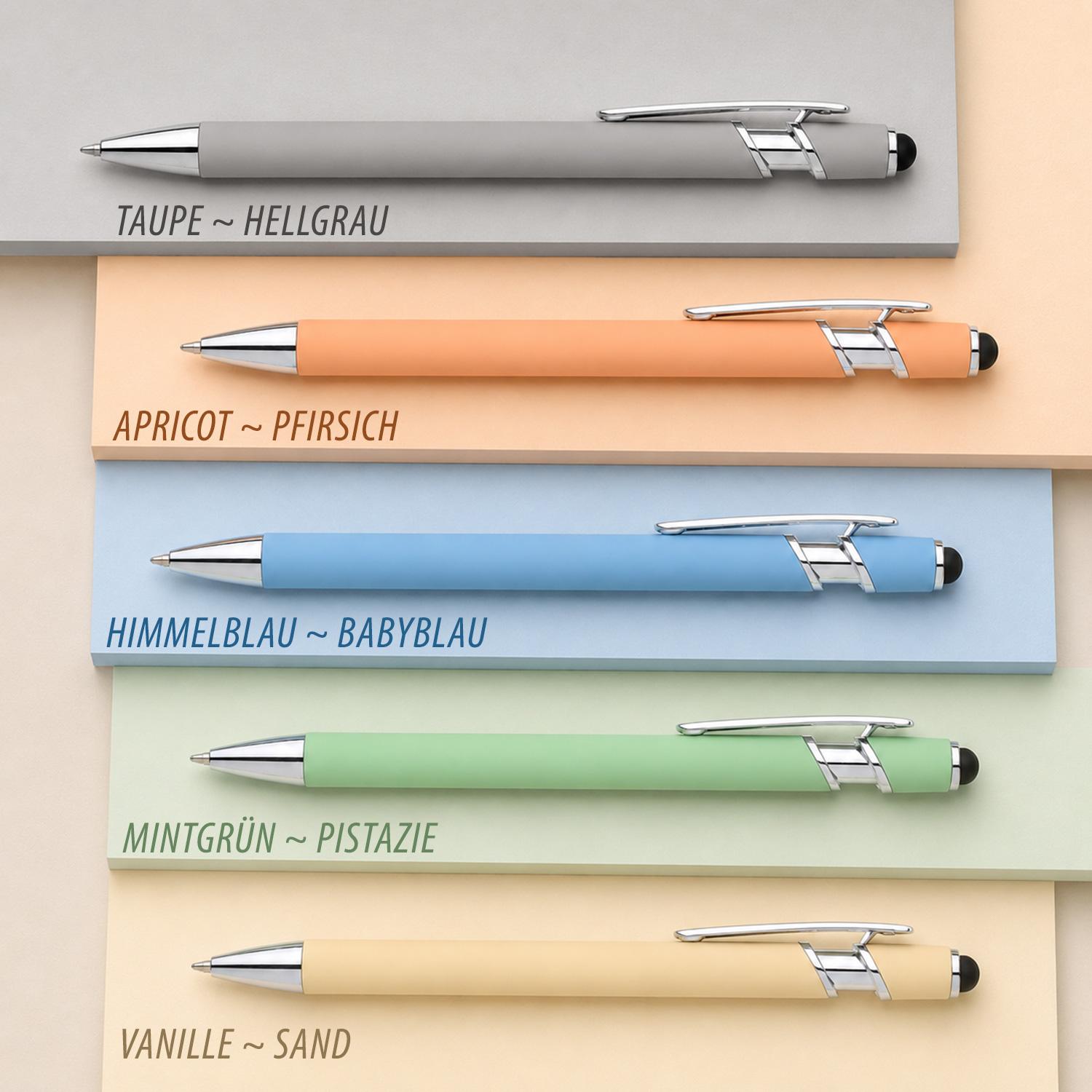  Kugelschreiber in den Pastellfarben Taupe, Apricot, Himmelblau, Mintgrün und Vanille