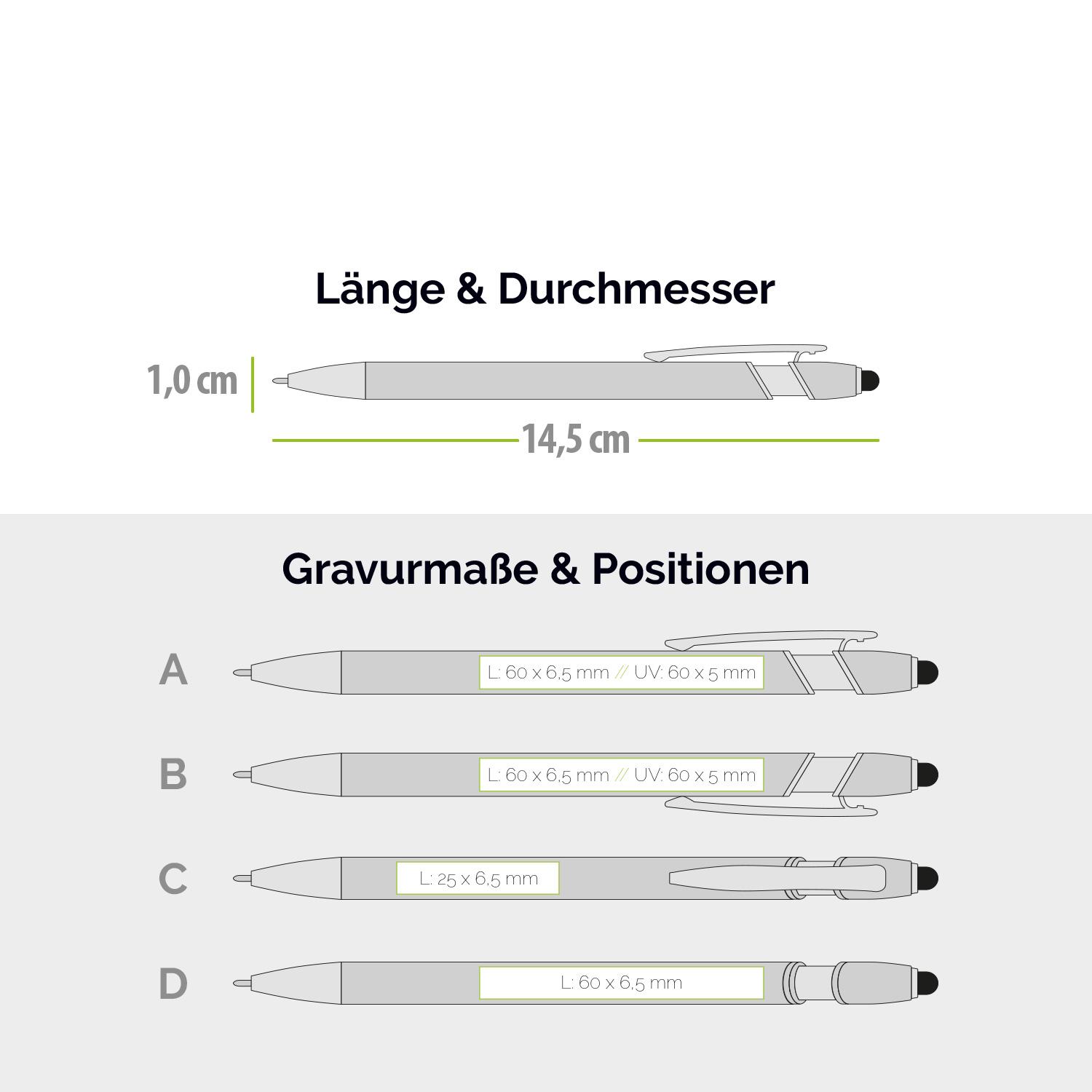 Gravur- und UV-Druckpositionen beim Pastell-Kugelschreiber Aljona Pastell