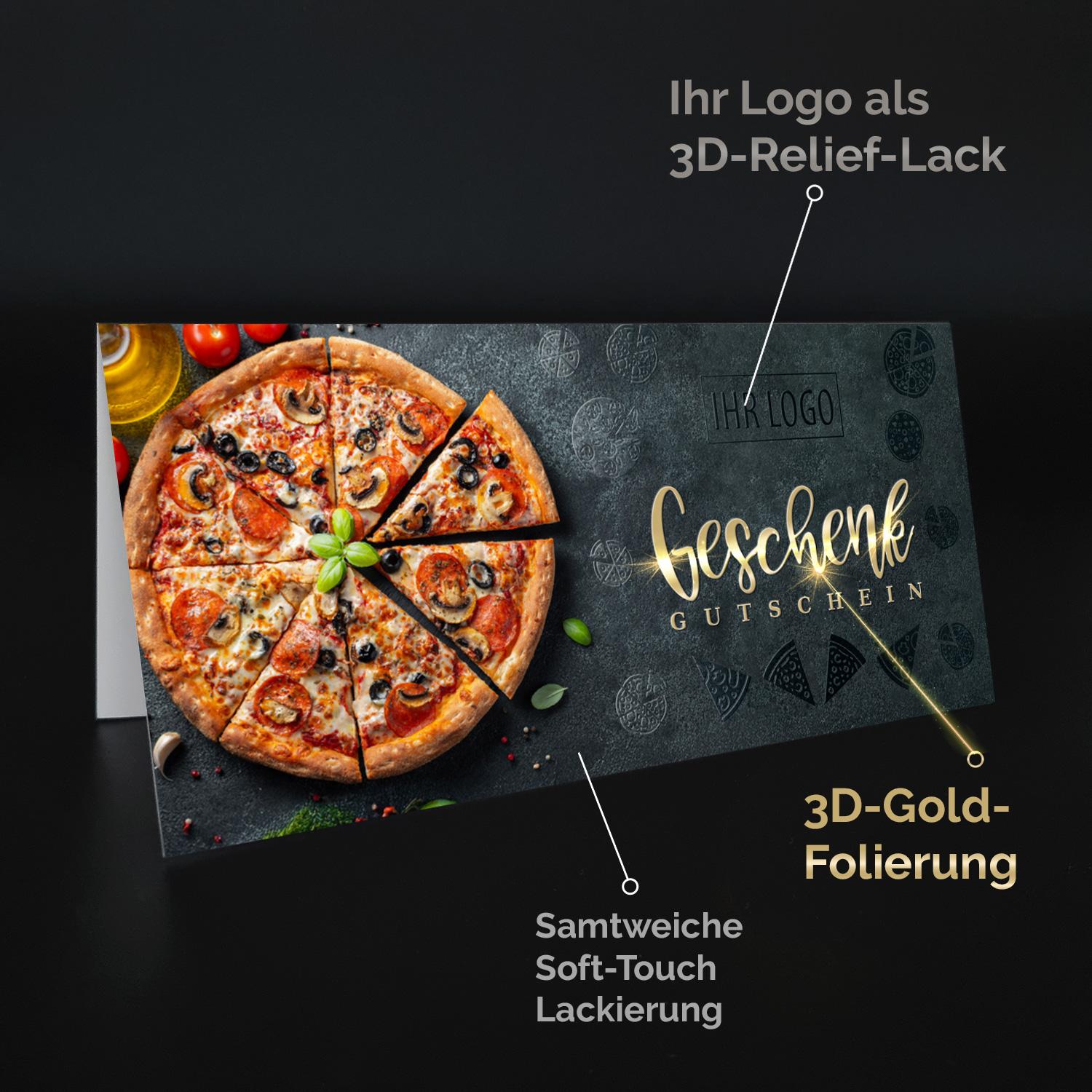 Premium Gutschein Pizzeria/Italiener – Front mit Soft-Touch, Heißfolie Gold und 3D-Relieflack