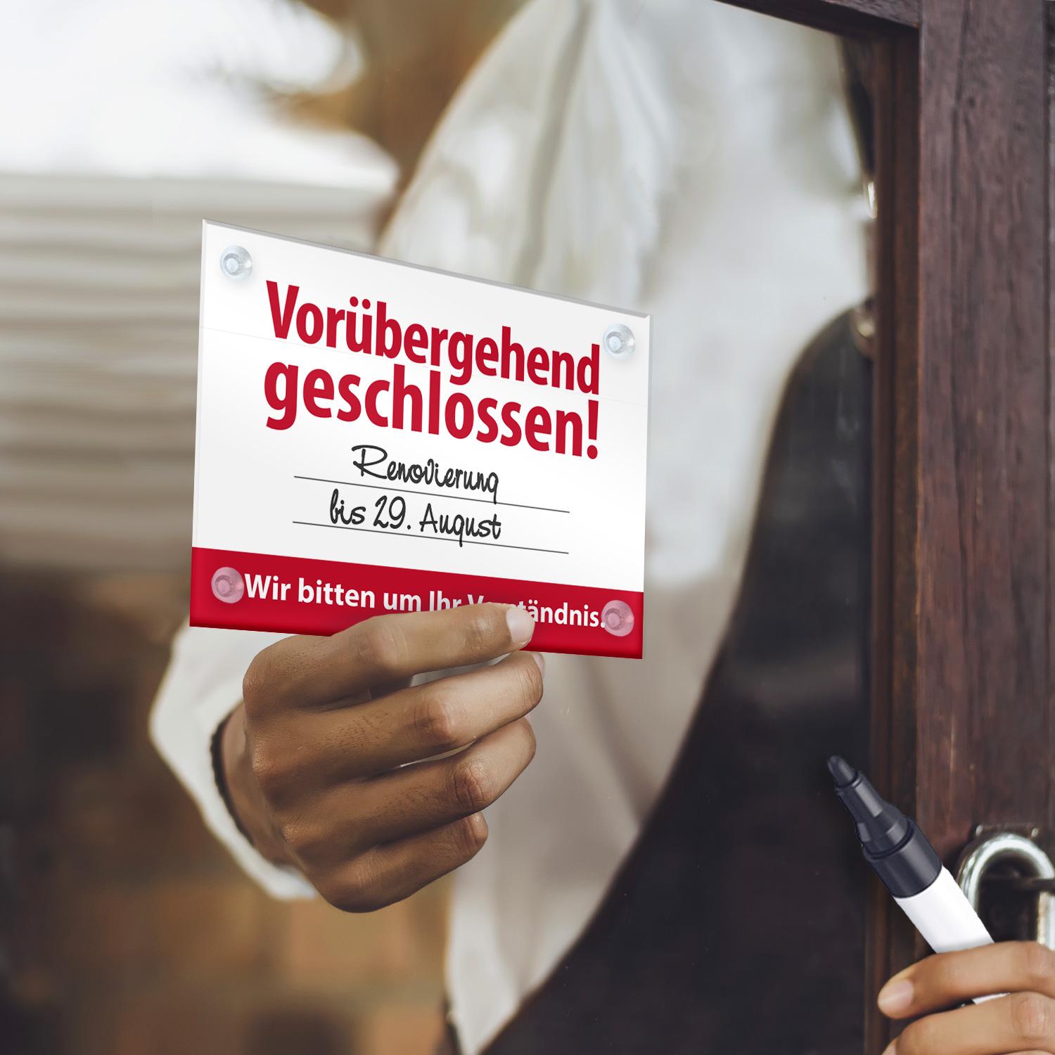 Schild: Vorübergehend geschlossen - individuell beschreibbar, z.B.: Renovierung, DIN A5 o. A4