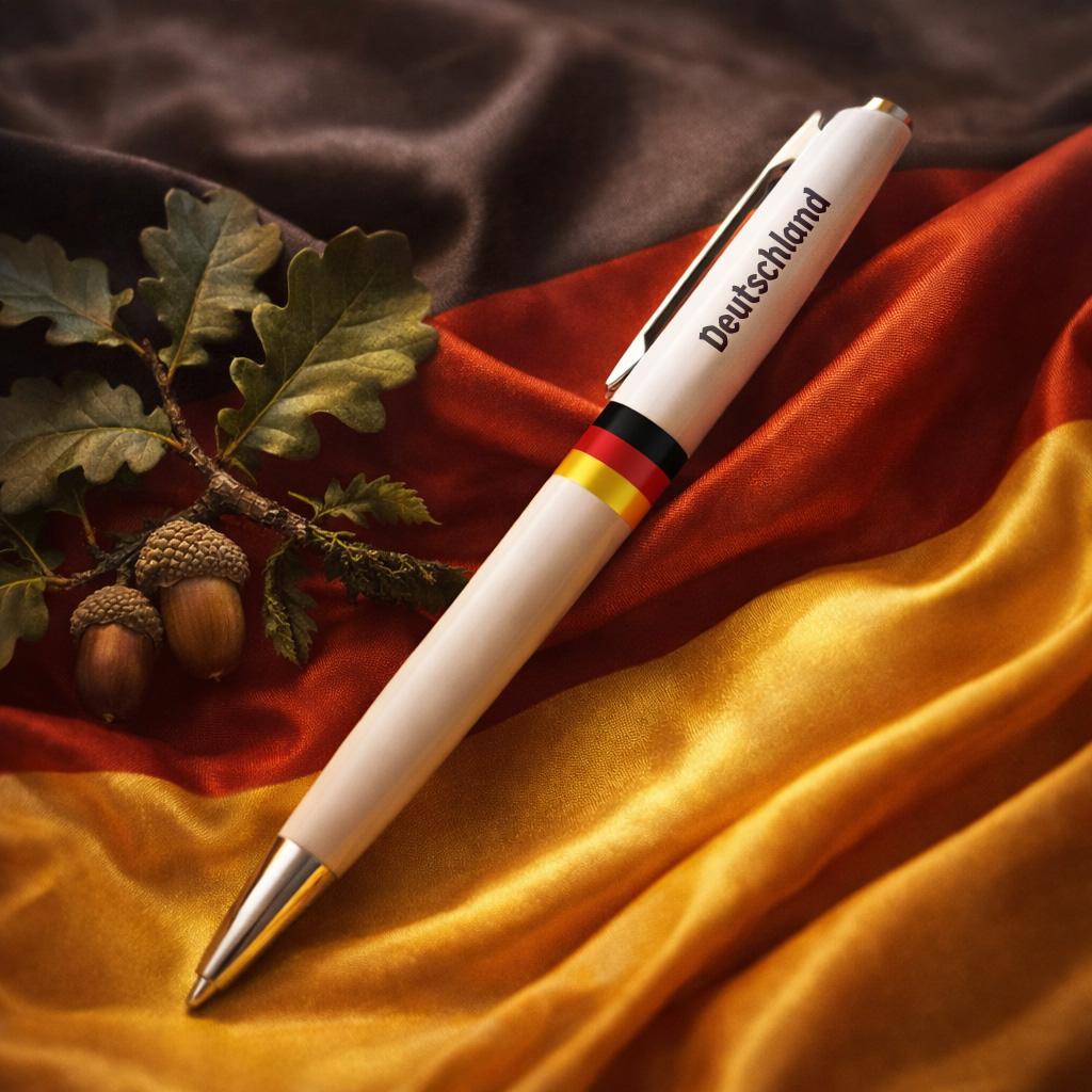 Deutschland Kugelschreiber mit Schwarz-Rot-Gold-Akzenten vor deutscher Fahne und Eichenlaub