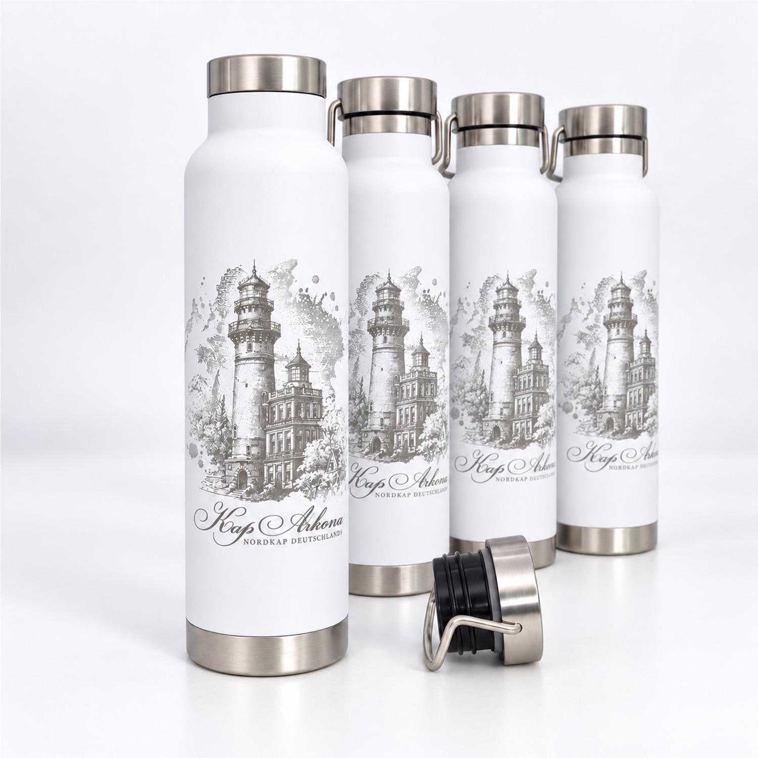 Weiße Thermoflasche aus Edelstahl mit Logo-Gravur als Referenzbeispiel