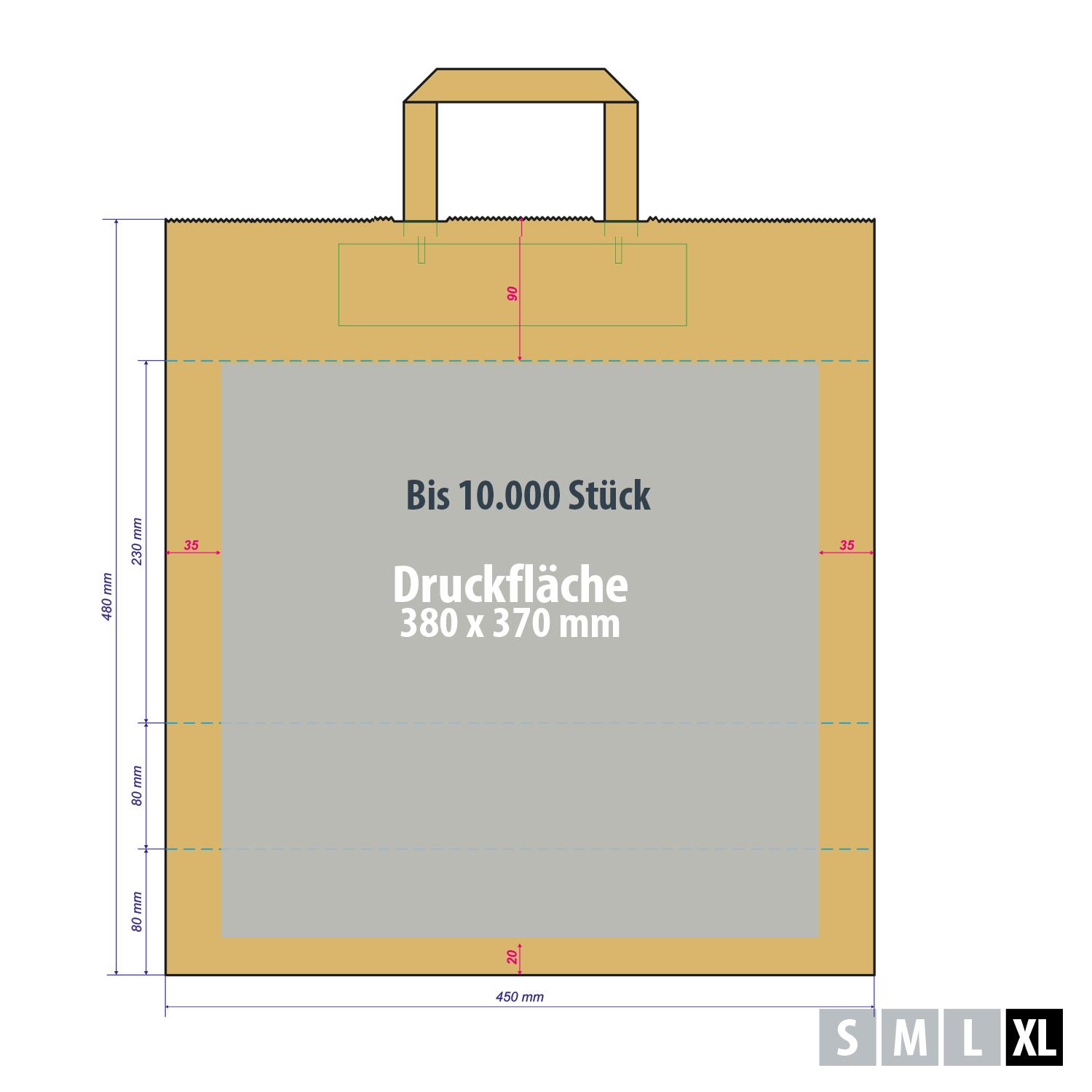 Tragetaschen Papier braun günstig mit großer Druckfläche – Kleinserie 380 x 370 mm