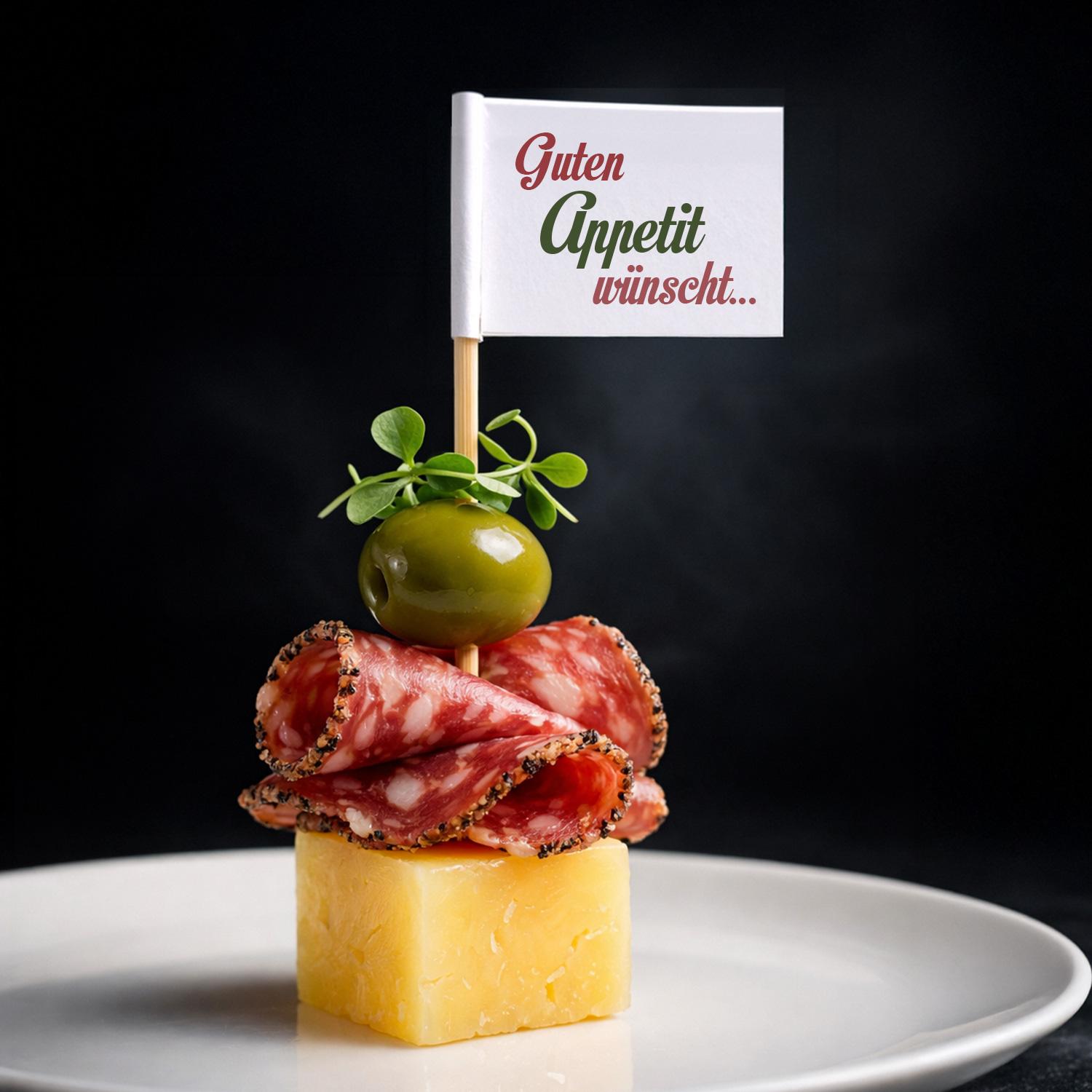 Zahnstocherfähnchen mit Logo als Buffetfähnchen auf Holzpicker – Einsatz an Buffet und Verkaufstheke