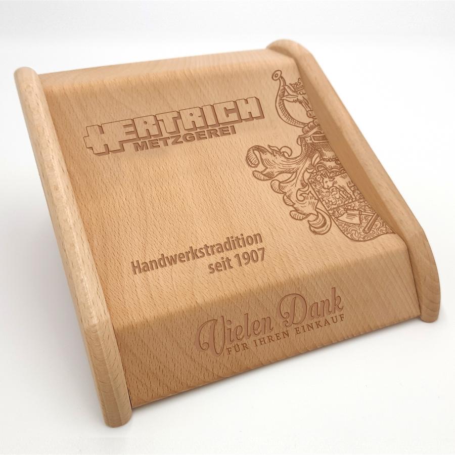 Zahlteller, Kassierteller aus Holz mit eigenem Logo / Marke