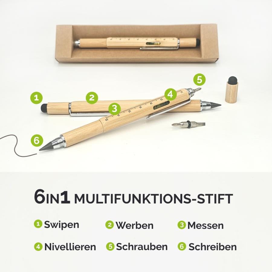 6-in-1 Multifunktionsstift mit Bambusgehäuse und Aluminiumspitze