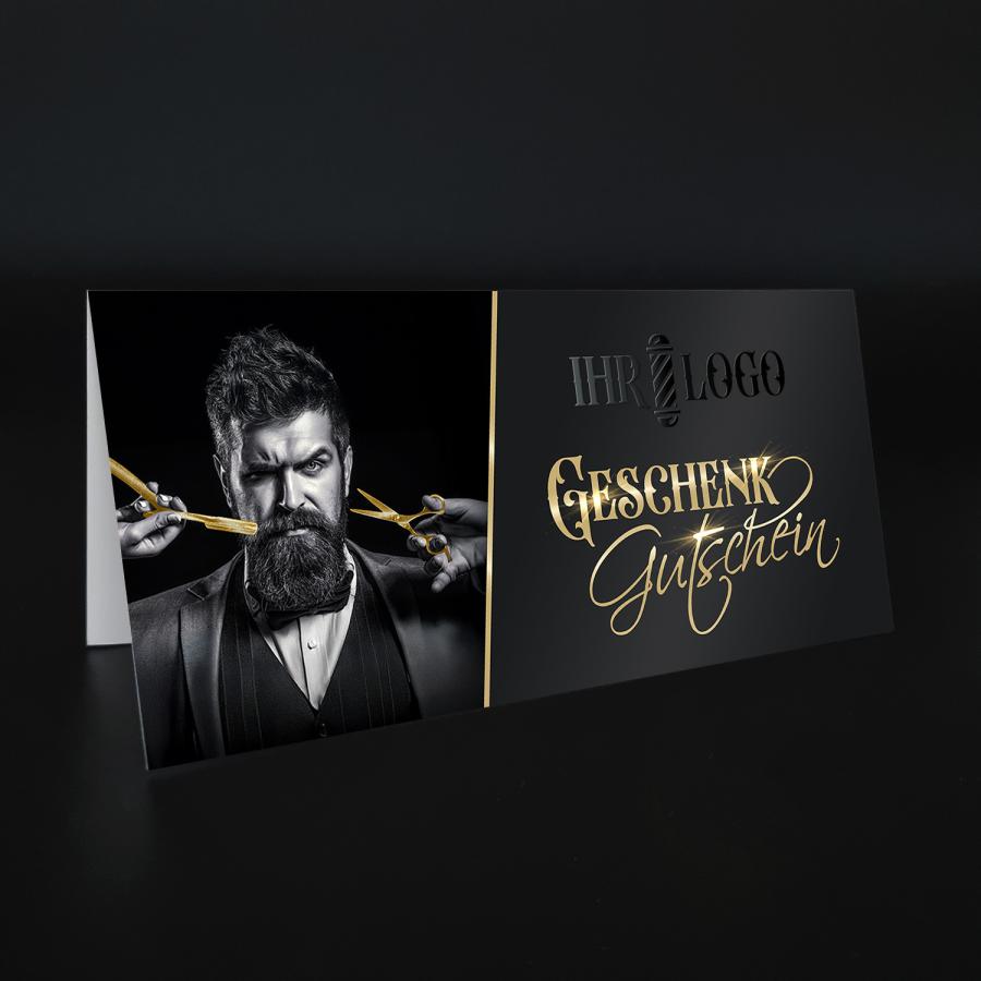 Premium Geschenkgutschein für Barber & Barbershop – DIN lang, Soft-Touch, Heißfolie Gold, 3D-Relieflack