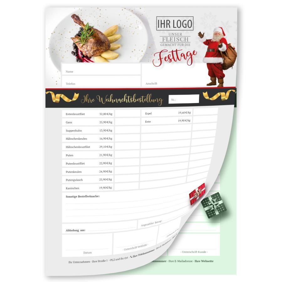 Bestellzettel für Vorbestellung Metzger, Fleischer, Hofladen in Produktansicht, weihnachtliches Layout mit Feldern für Artikel und Preise, A4, 2-fach