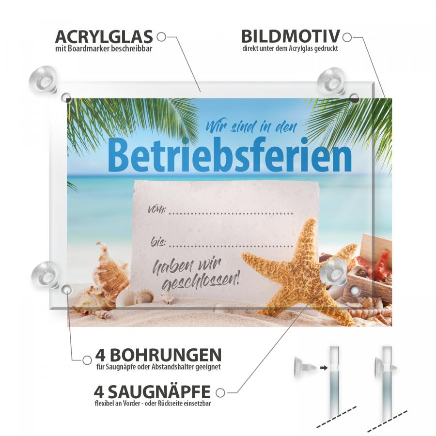 Detailansicht Betriebsferien Schild – Acrylglas mit Saugnäpfen und Bohrungen, beschreibbare Oberfläche, praktische Befestigung