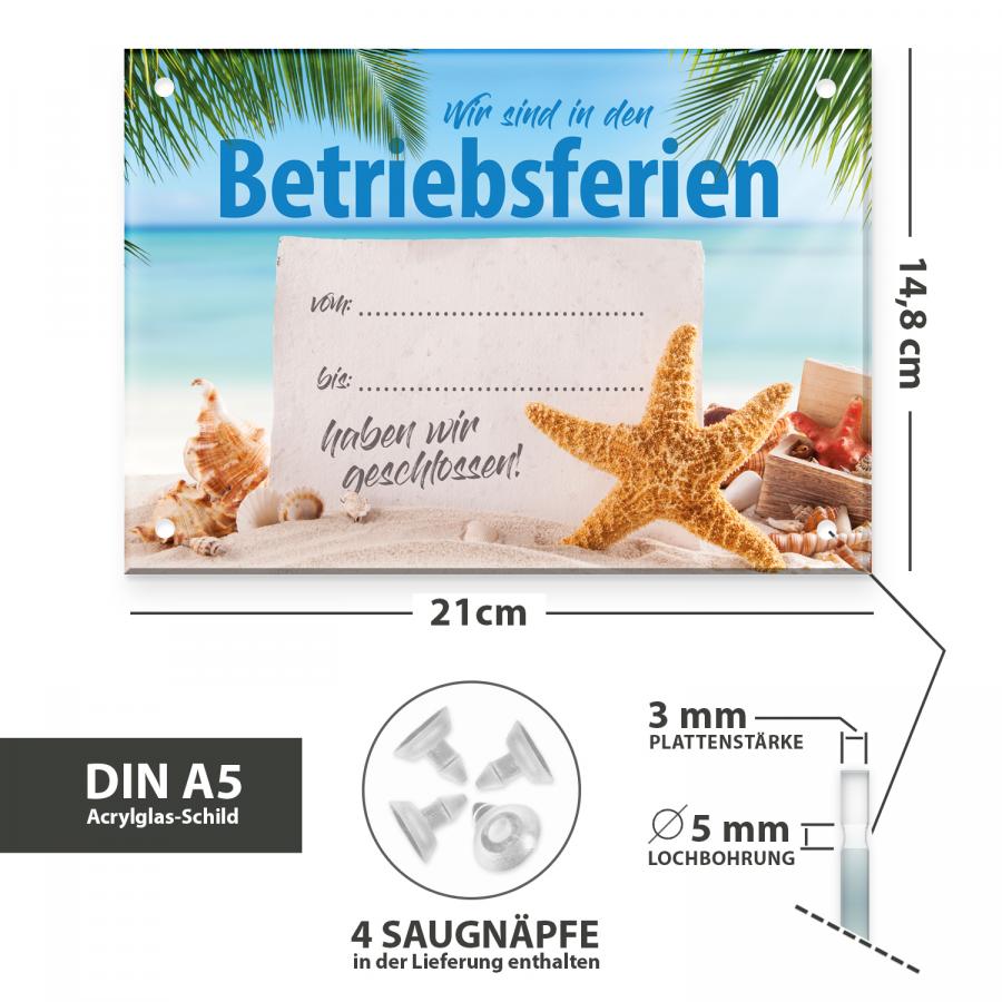 Betriebsferien Aushang Acrylglas – Maße DIN A5 mit 4 Saugnäpfen, Plattenstärke 3 mm, ideal für Türen und Fenster