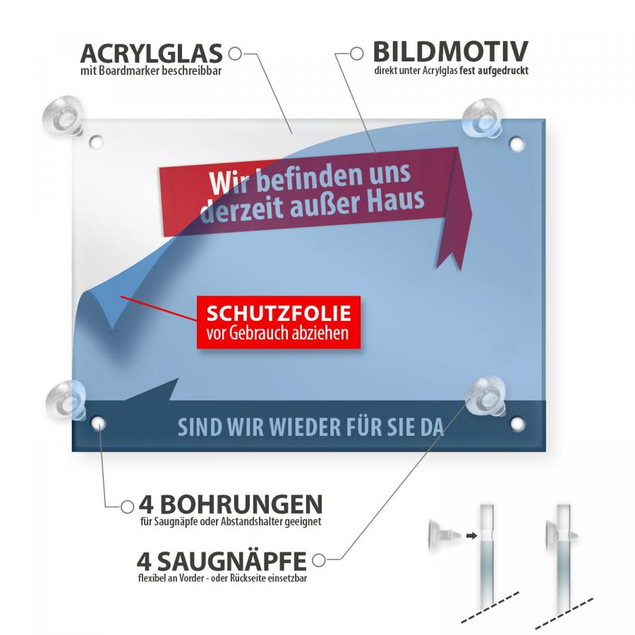 Detailaufnahme von Schild „Bin gleich wieder zurück“ mit Saugnäpfen, beschreibbar und flexibel anpassbar