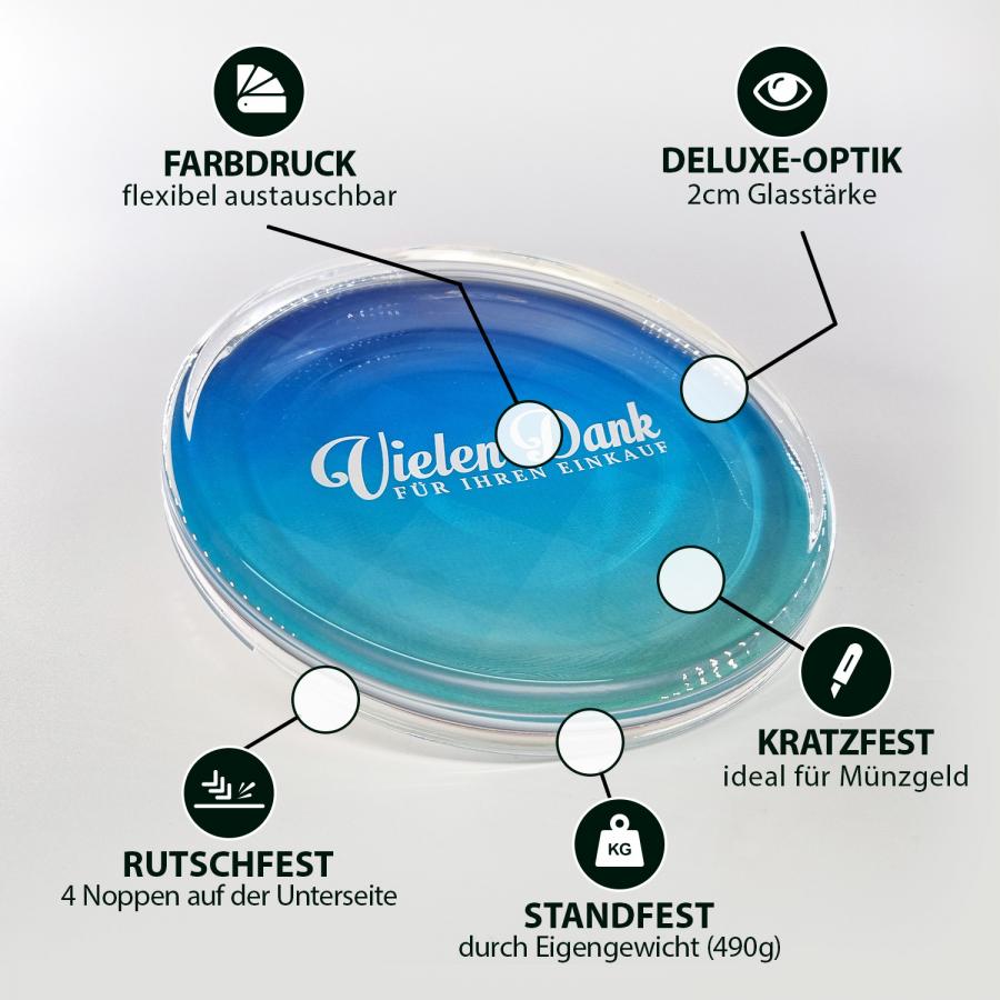 Artikeldetails  ZAHLTELLER, Kassierteller, Geldschale aus Glas, blau, 