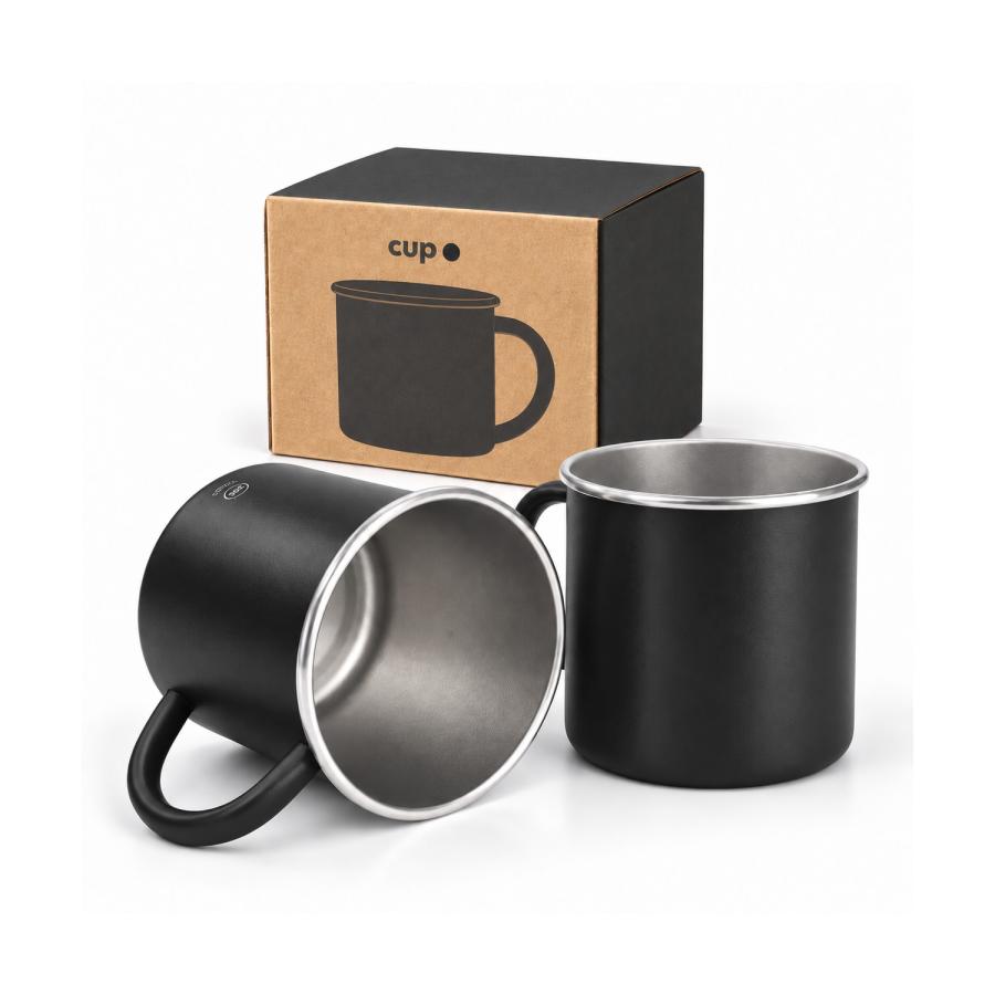 Schwarze Blechtasse im Retro-Look aus recyceltem Edelstahl mit Öko-Design-Box