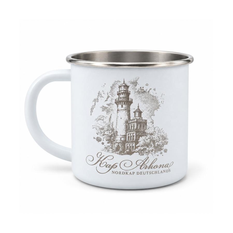 Weiße Blechtasse im Retro-Look mit Logo-Gravur als Referenzbeispiel