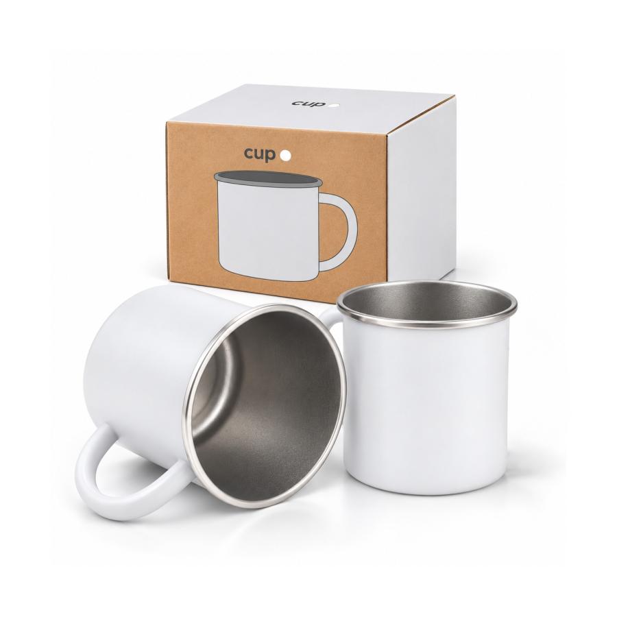 Weiße Blechtasse im Retro-Look aus recyceltem Edelstahl mit Öko-Design-Box