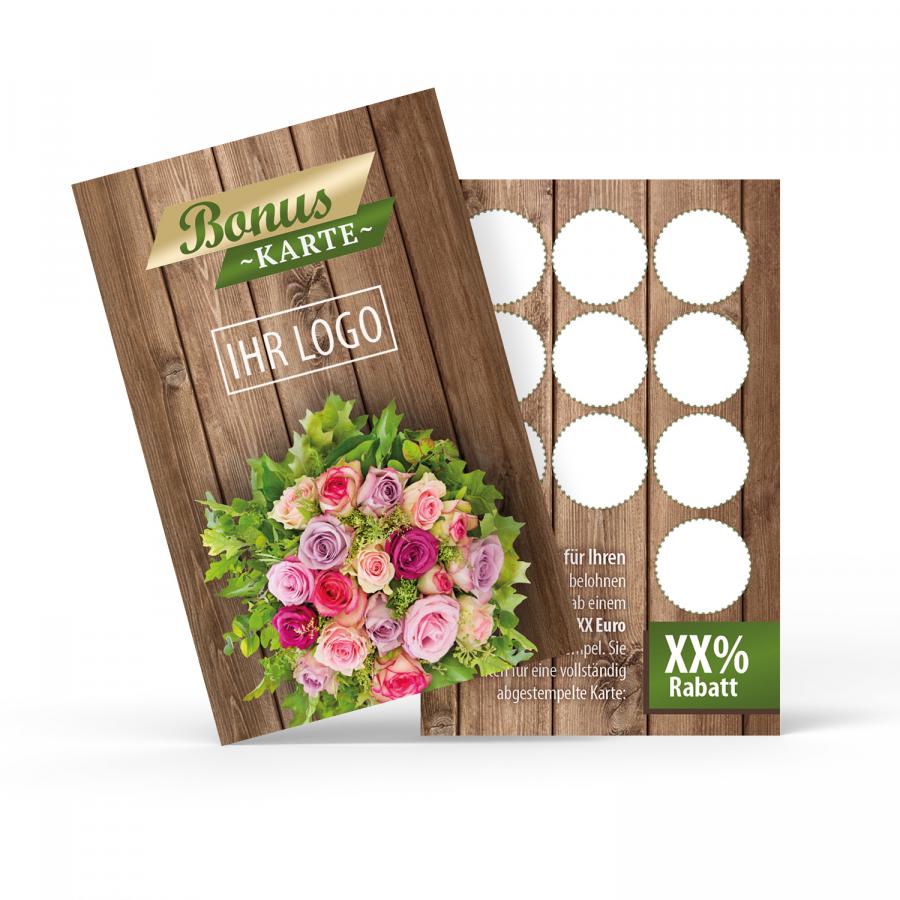 Bonuskarte für Floristen und Blumengeschäfte mit Rosenmotiv auf Holzhintergrund