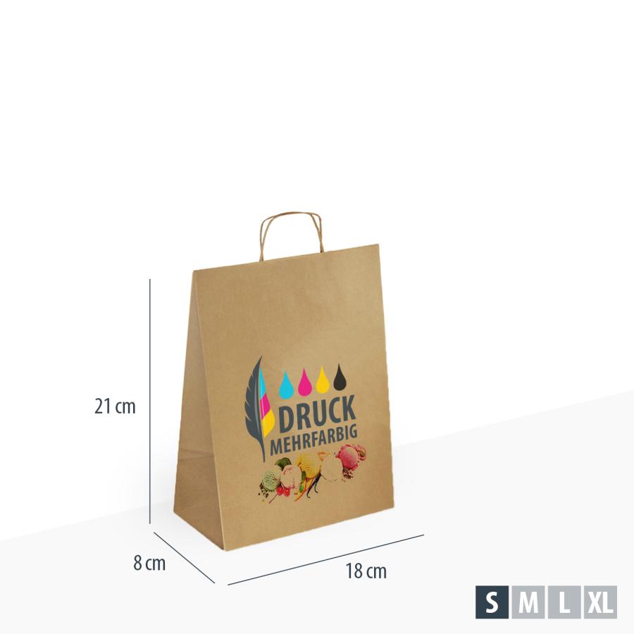 Braune Papiertüte 18×8×21 cm mit gedrehtem Henkel aus 100 g/m² Kraftpapier – mehrfarbig bedrucken im Digitaldruck (CMYK), Frontfläche ca. A5