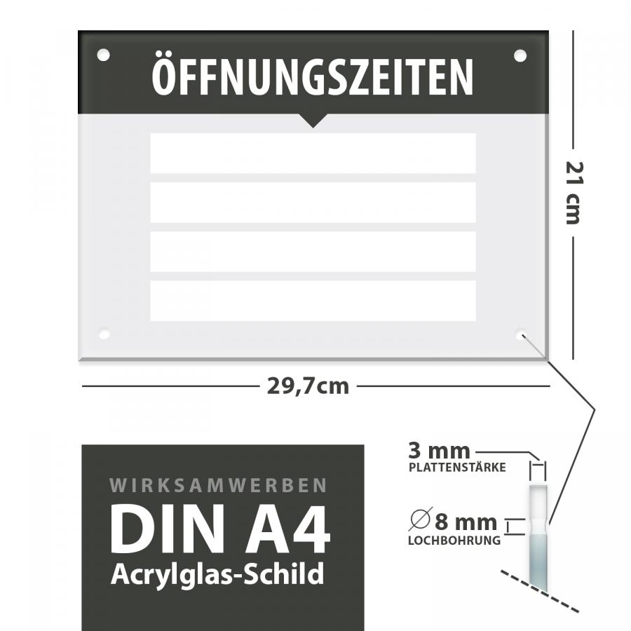 Maße und Format vom Öffnungszeiten Schild A4 – Breite 29,7 cm, Höhe 21 cm