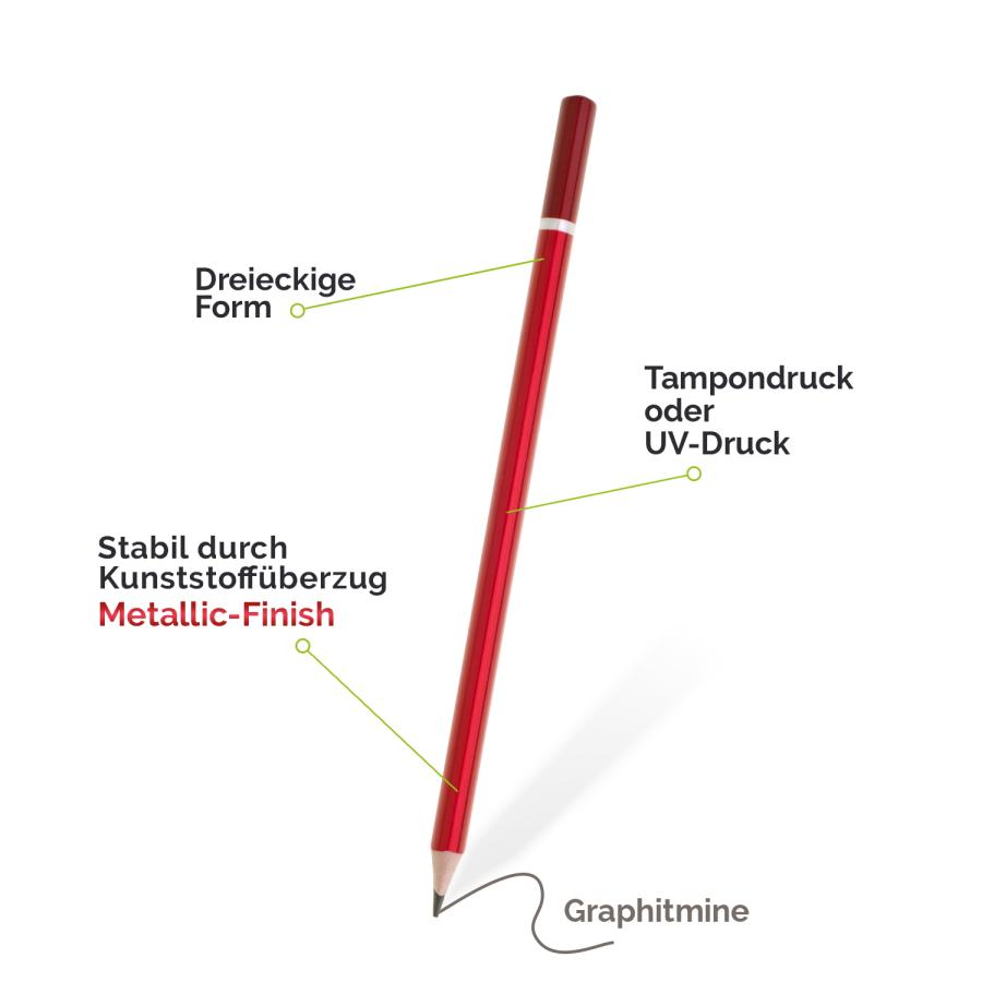 Detailansicht eines dreieckigen Bleistifts mit Metallic-Oberfläche und Graphitmine