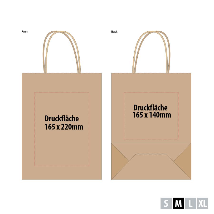 Druckflächen braune Papiertasche 25×11×32 cm: Front 165×220 mm, Rückseite 165×140 mm
