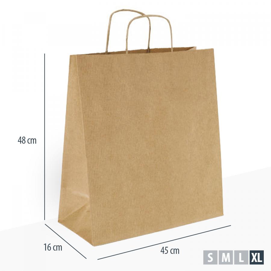 Unbedruckte Einkaufstüten Papier braun günstig mit gedrehtem Henkel, Maße 45x16x48 cm