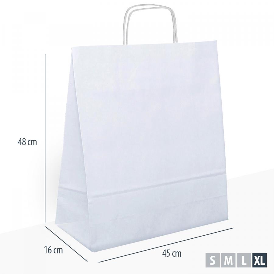 Große Einkaufstüten aus weißem Papier mit gedrehtem Henkel, 35 Liter Volumen, Maße 45x16x48 cm