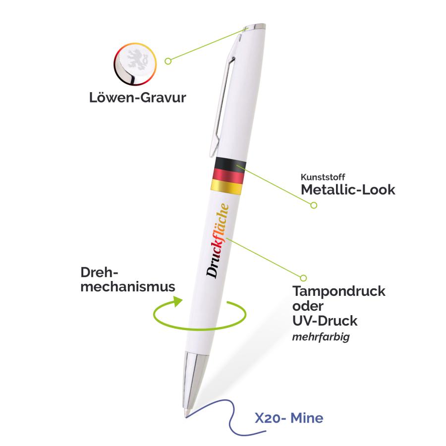 Infografik: Deutschland Kugelschreiber mit Schwarz Rot Gold Akzenten – Drehmechanismus, Löwen-Gravur, Tampondruck oder UV-Druck, X20 Mine